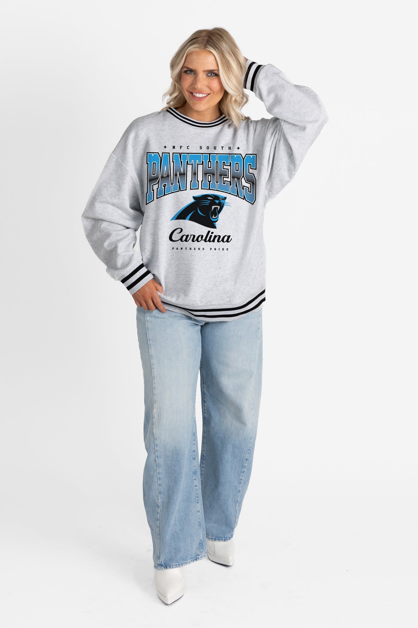 CAROLINA PANTHERS GRIDIRON DRIVE CREW FLEECE RINGER SWEATSHIRT