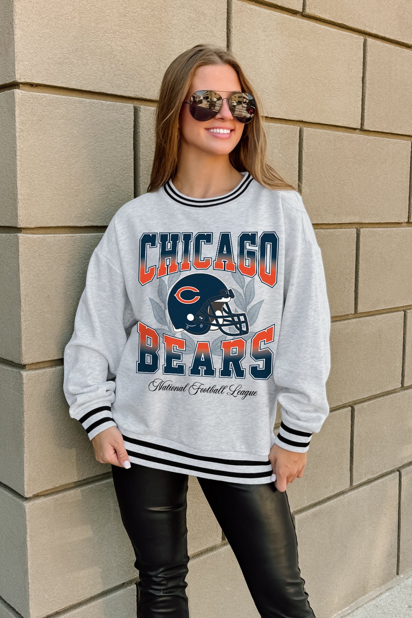 CHICAGO BEARS FADE ROUTE CREW FLEECE RINGER SWEATSHIRT