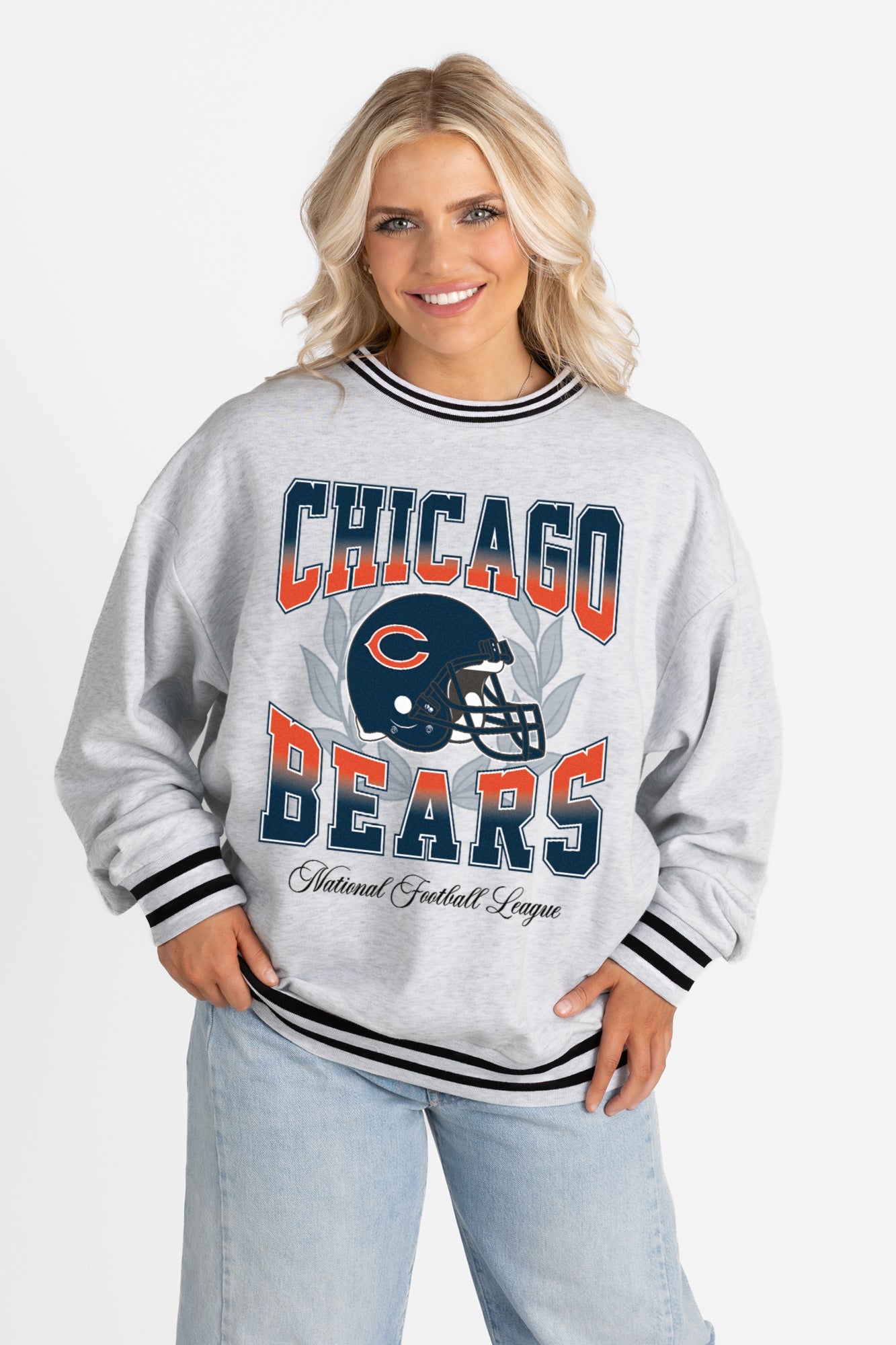 CHICAGO BEARS FADE ROUTE CREW FLEECE RINGER SWEATSHIRT