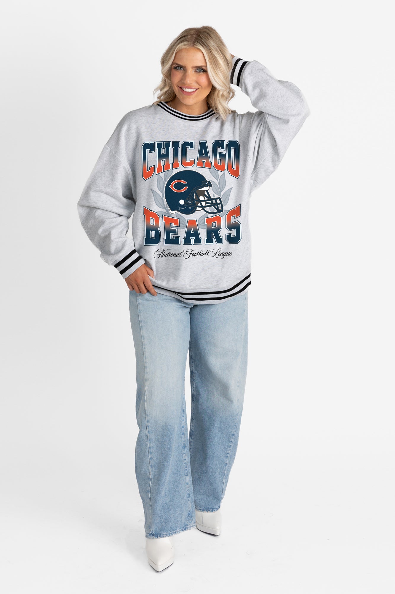 CHICAGO BEARS FADE ROUTE CREW FLEECE RINGER SWEATSHIRT
