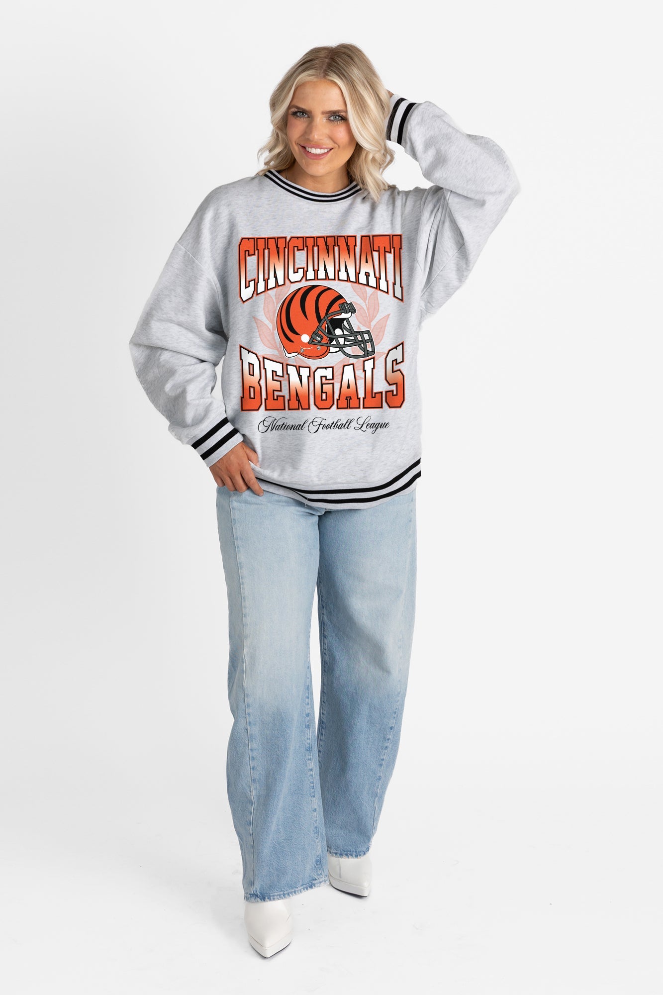 CINCINNATI BENGALS FADE ROUTE CREW FLEECE RINGER SWEATSHIRT