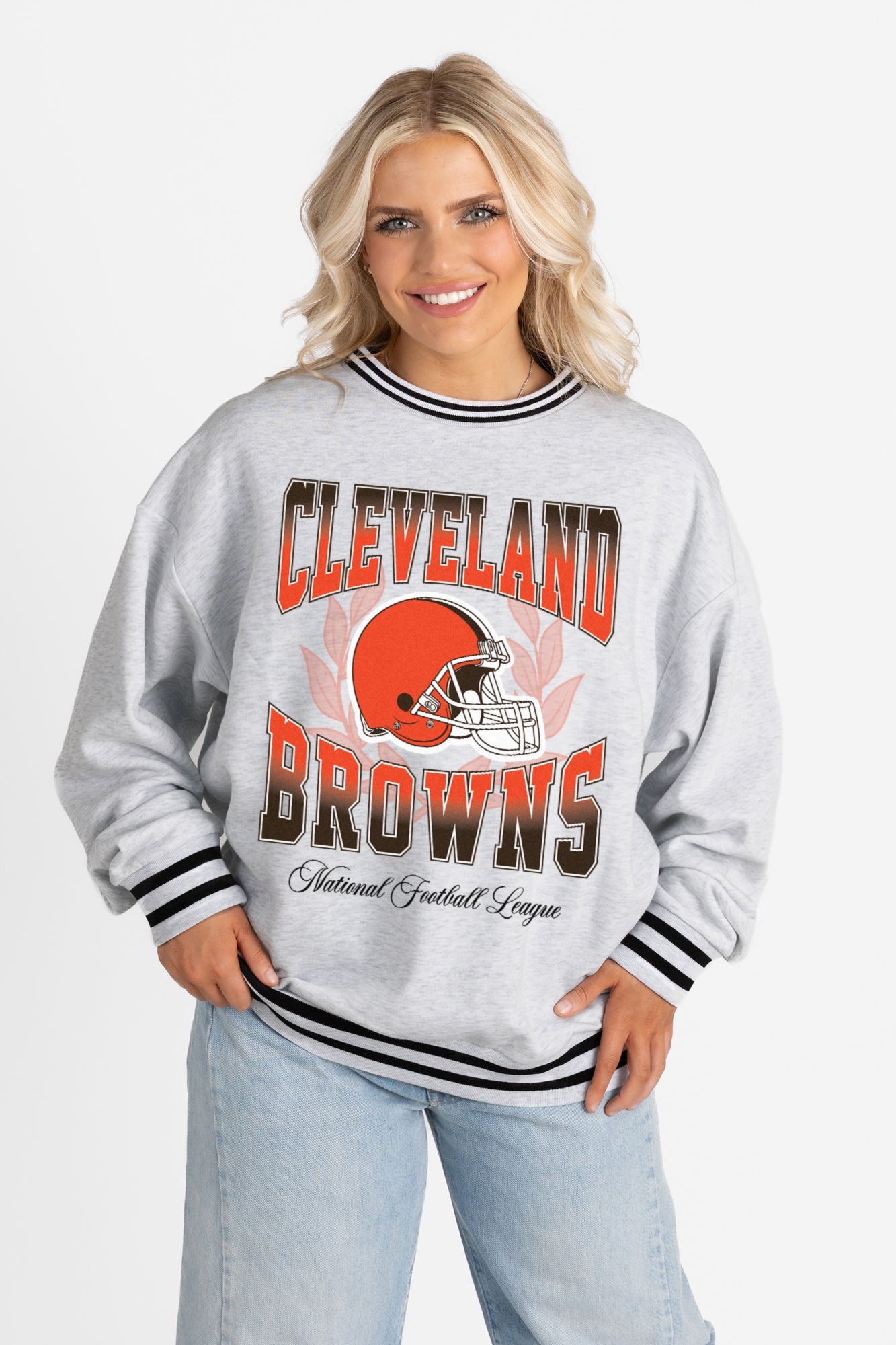 CLEVELAND BROWNS FADE ROUTE CREW FLEECE RINGER SWEATSHIRT