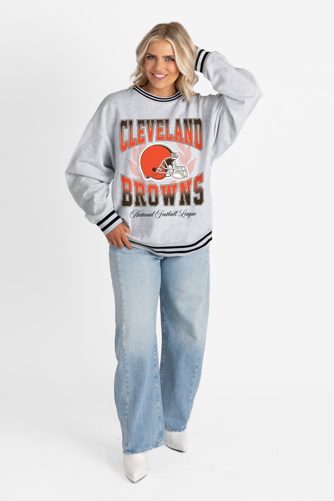 CLEVELAND BROWNS FADE ROUTE CREW FLEECE RINGER SWEATSHIRT