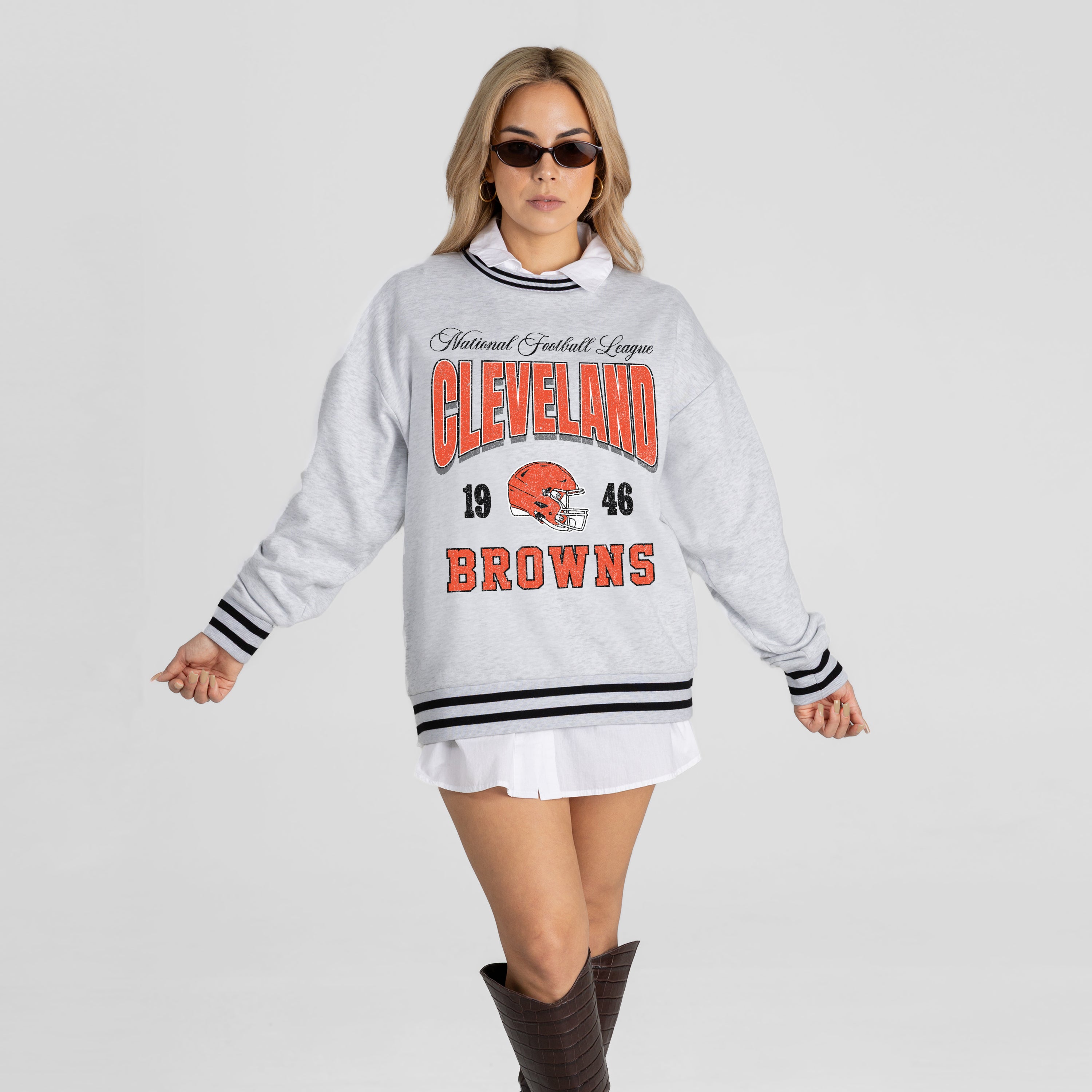 CLEVELAND BROWNS COOL VIBES CREW FLEECE RINGER SWEATSHIRT