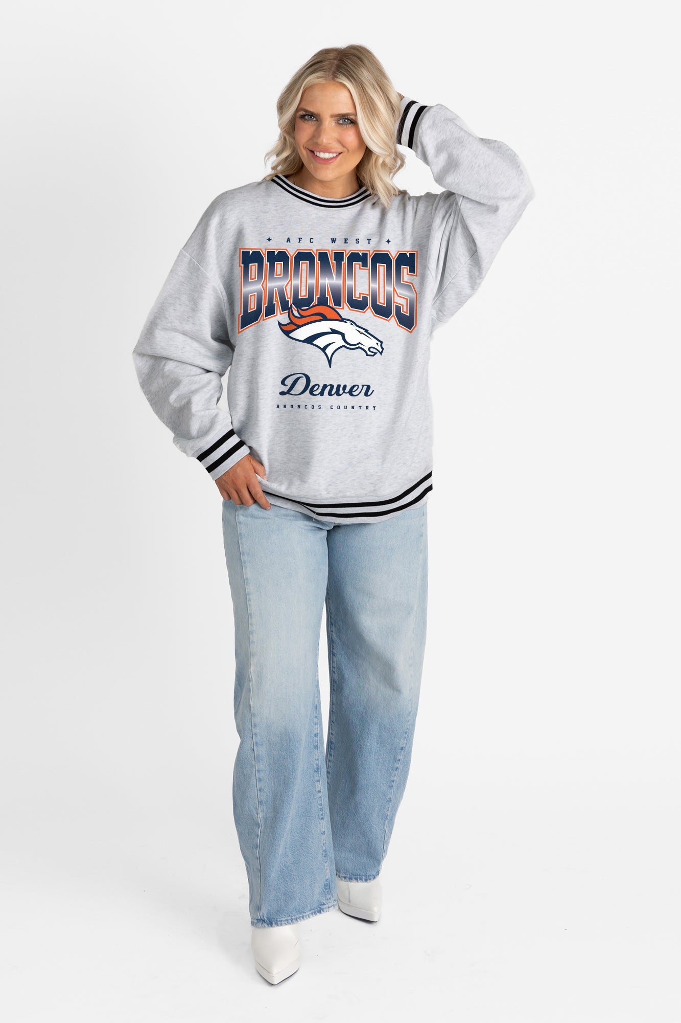 DENVER BRONCOS GRIDIRON DRIVE CREW FLEECE RINGER SWEATSHIRT