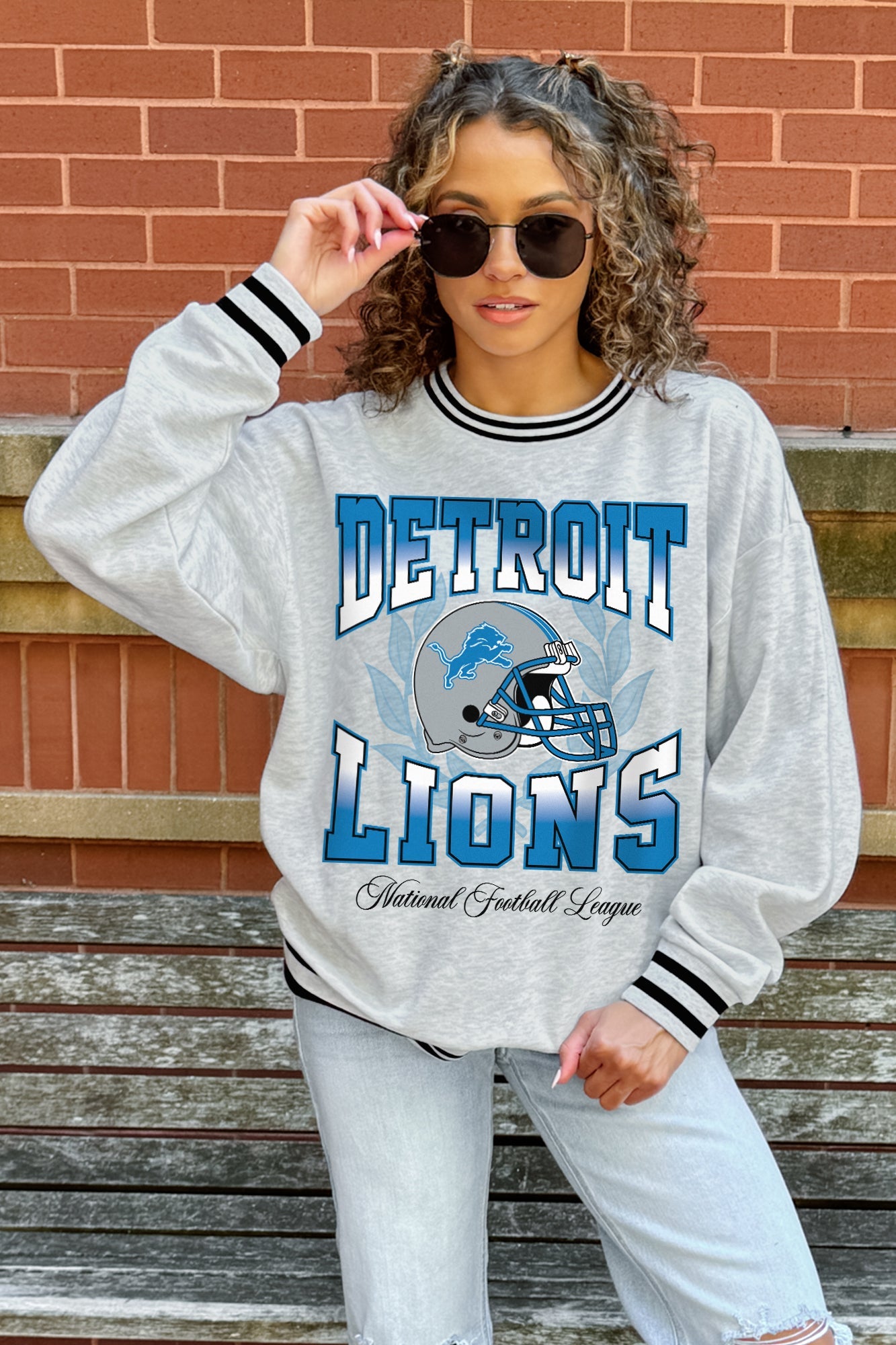 DETROIT LIONS FADE ROUTE CREW FLEECE RINGER SWEATSHIRT