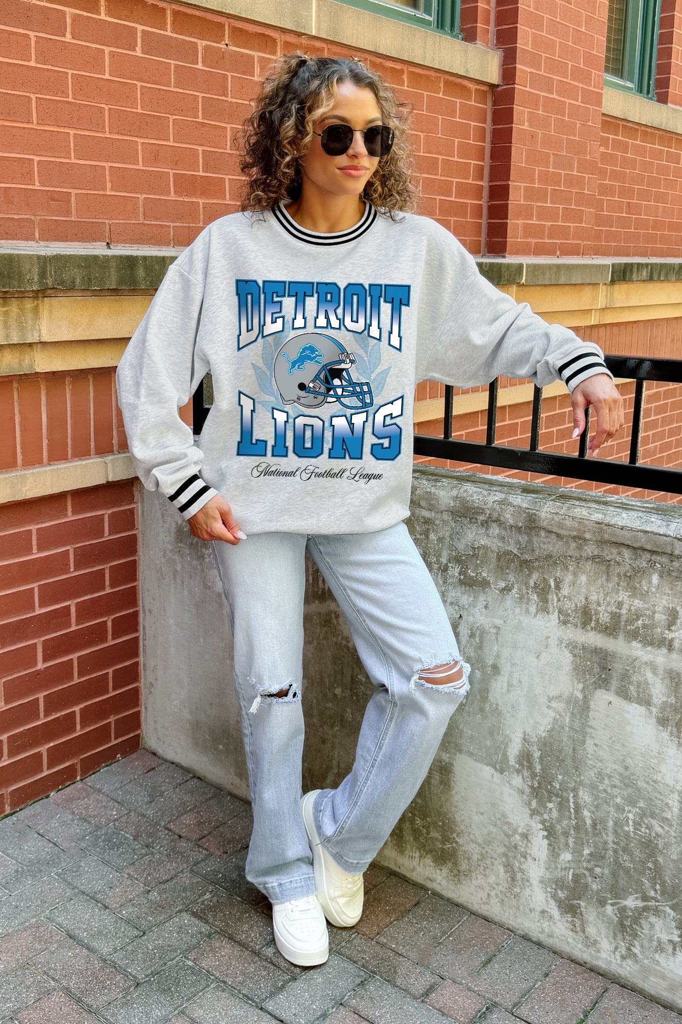 DETROIT LIONS FADE ROUTE CREW FLEECE RINGER SWEATSHIRT