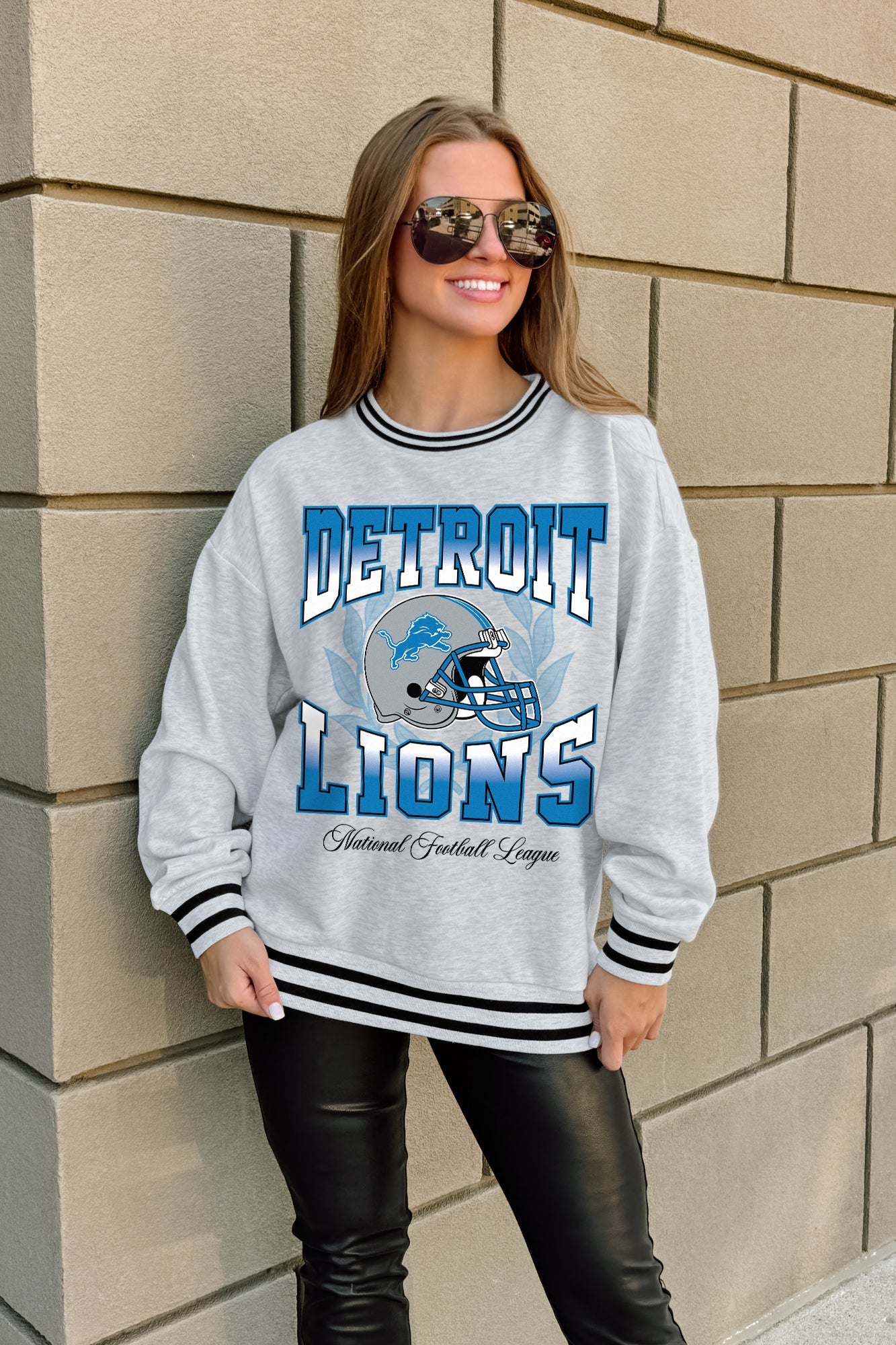 DETROIT LIONS FADE ROUTE CREW FLEECE RINGER SWEATSHIRT