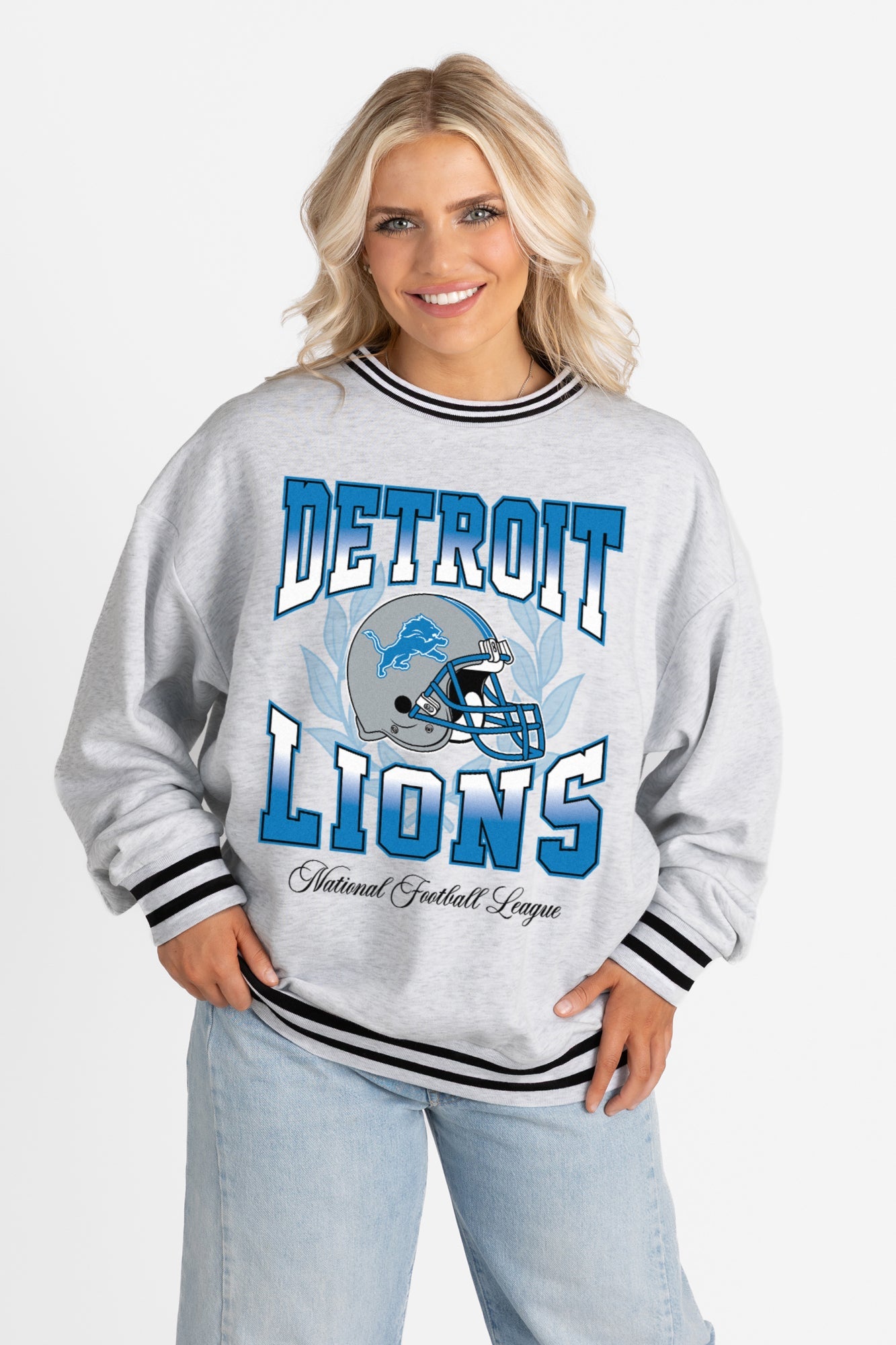 DETROIT LIONS FADE ROUTE CREW FLEECE RINGER SWEATSHIRT