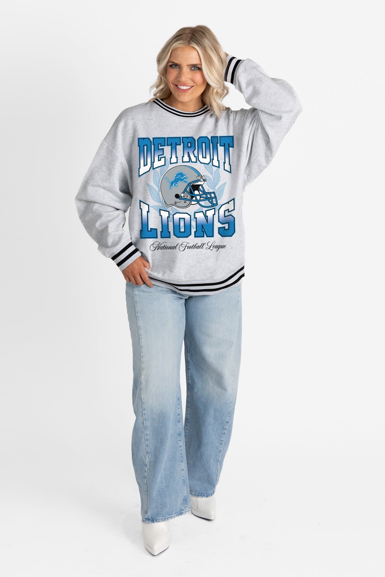 DETROIT LIONS FADE ROUTE CREW FLEECE RINGER SWEATSHIRT