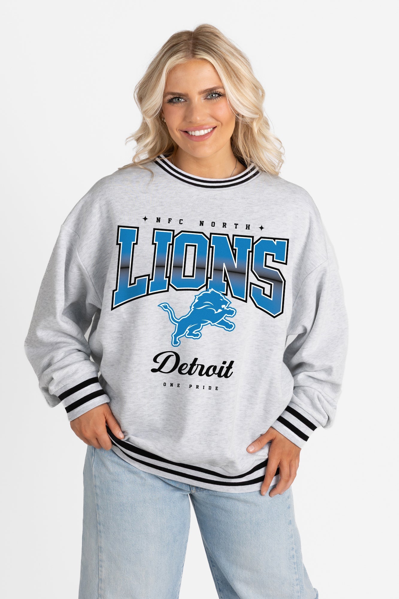 DETROIT LIONS GRIDIRON DRIVE CREW FLEECE RINGER SWEATSHIRT