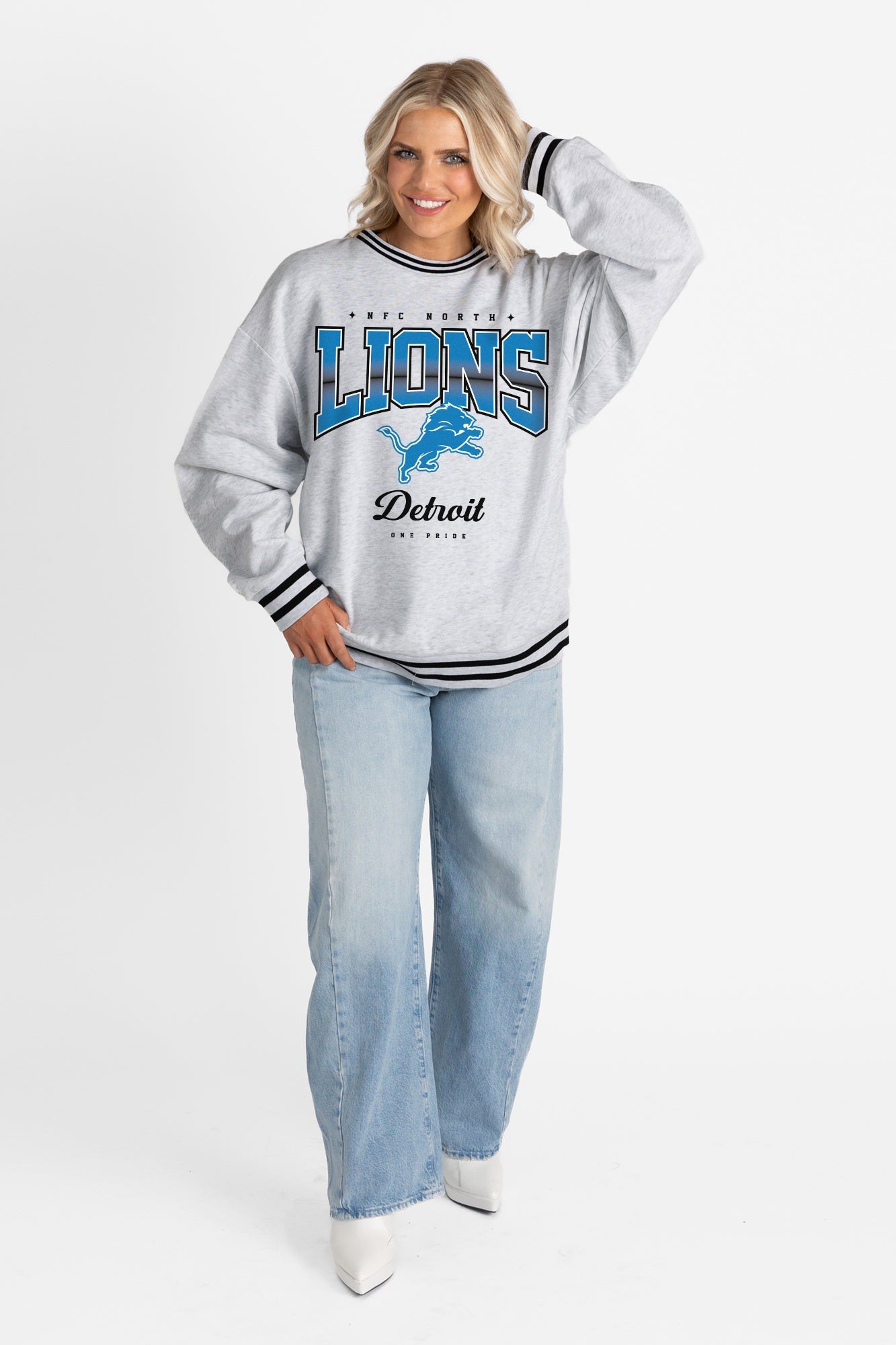 DETROIT LIONS GRIDIRON DRIVE CREW FLEECE RINGER SWEATSHIRT