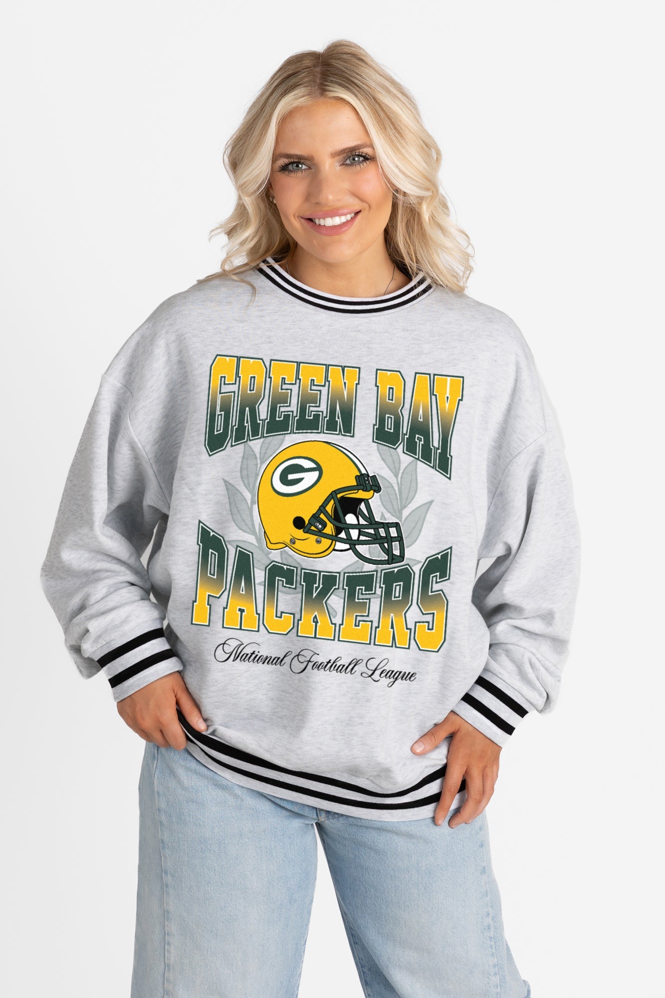 GREEN BAY PACKERS FADE ROUTE CREW FLEECE RINGER SWEATSHIRT