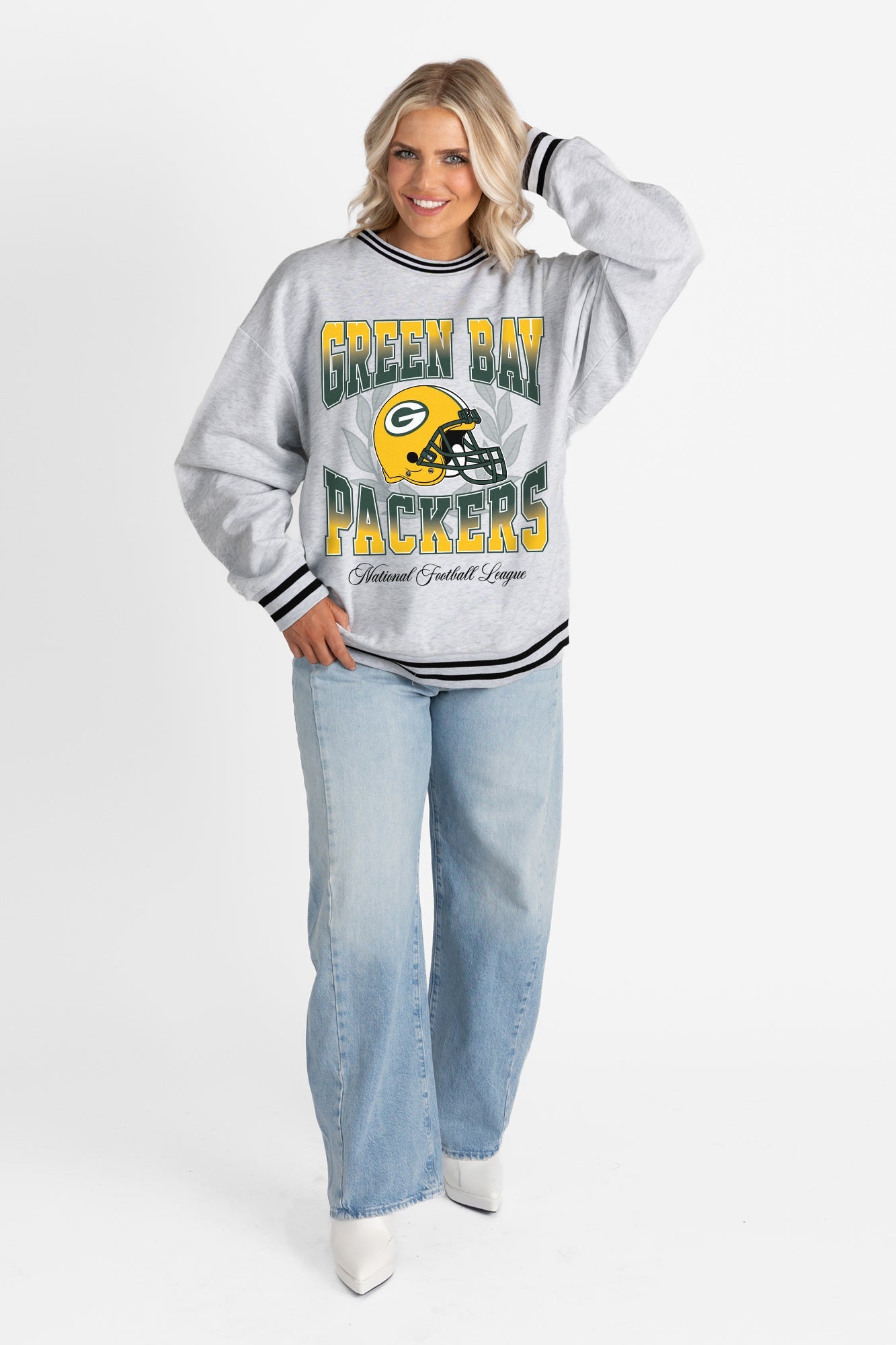 GREEN BAY PACKERS FADE ROUTE CREW FLEECE RINGER SWEATSHIRT