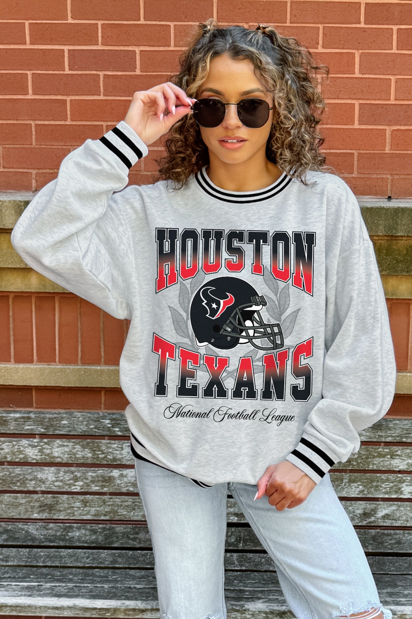 HOUSTON TEXANS FADE ROUTE CREW FLEECE RINGER SWEATSHIRT