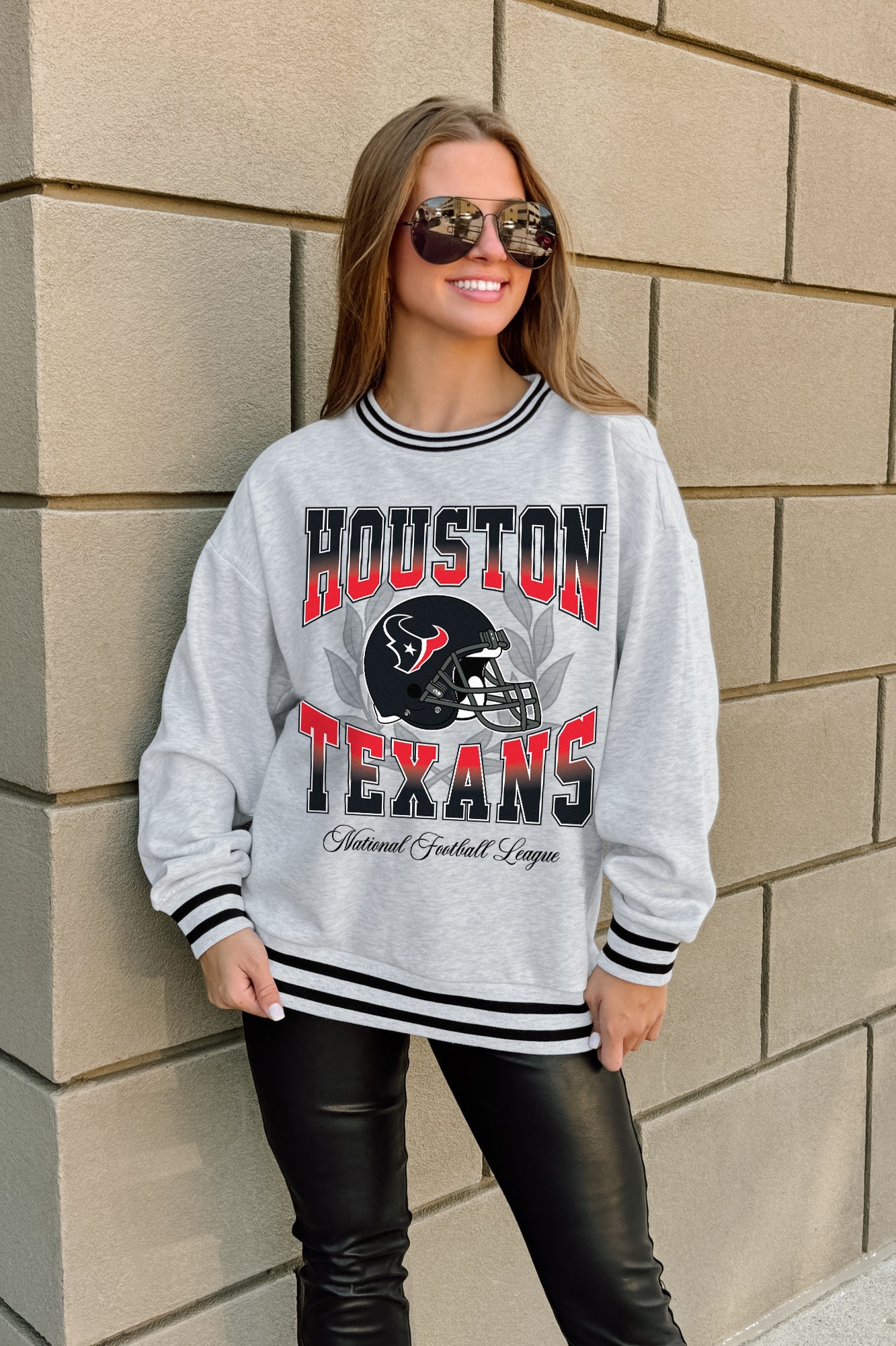 HOUSTON TEXANS FADE ROUTE CREW FLEECE RINGER SWEATSHIRT