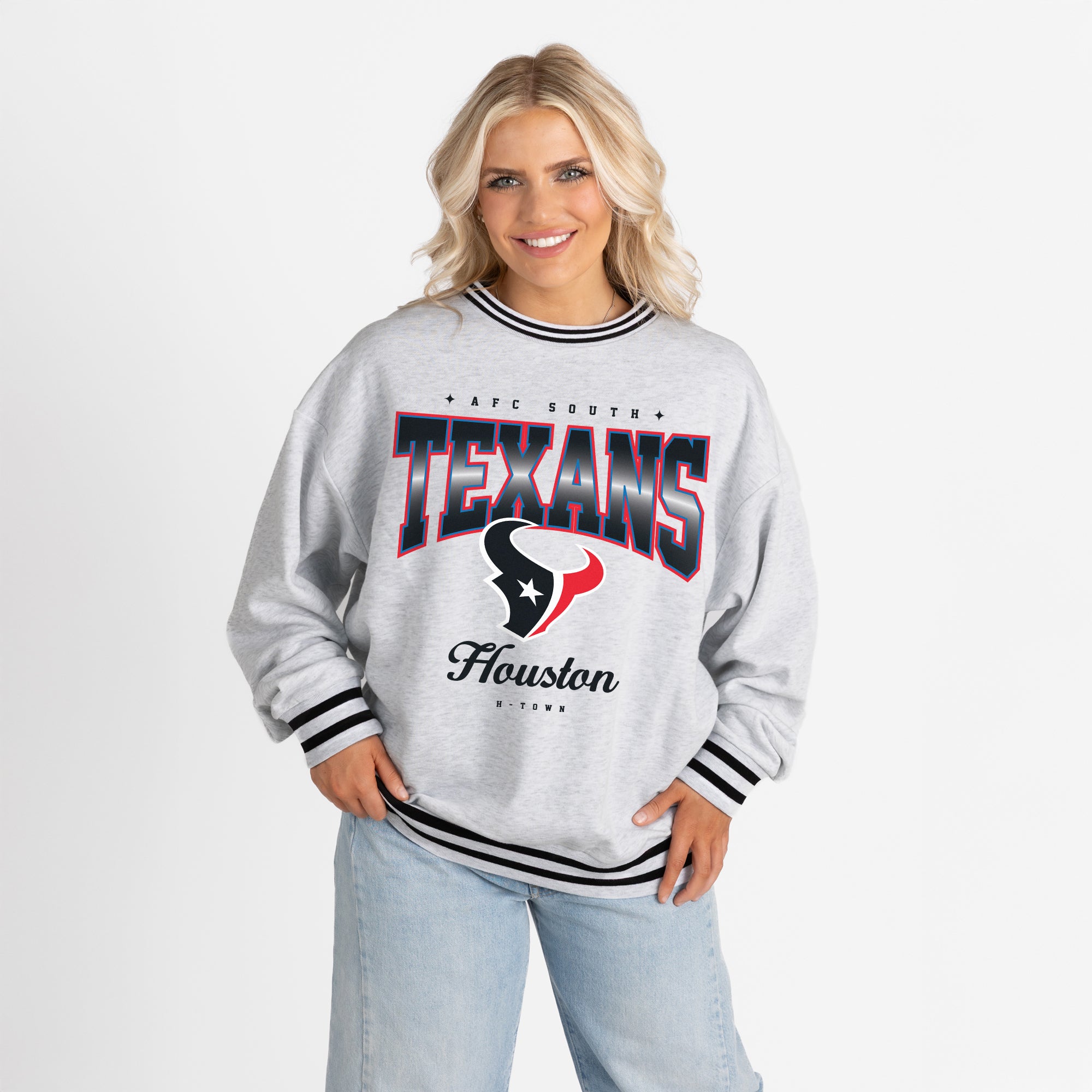 HOUSTON TEXANS GRIDIRON DRIVE CREW FLEECE RINGER SWEATSHIRT