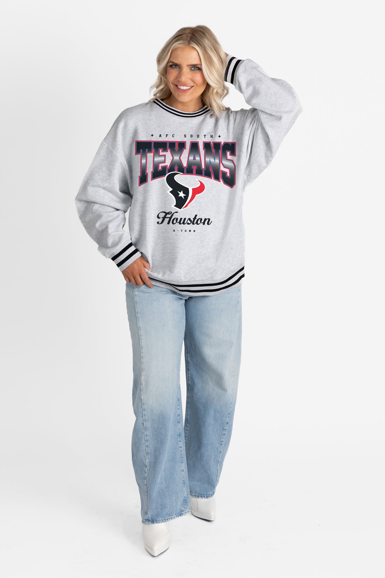 HOUSTON TEXANS GRIDIRON DRIVE CREW FLEECE RINGER SWEATSHIRT