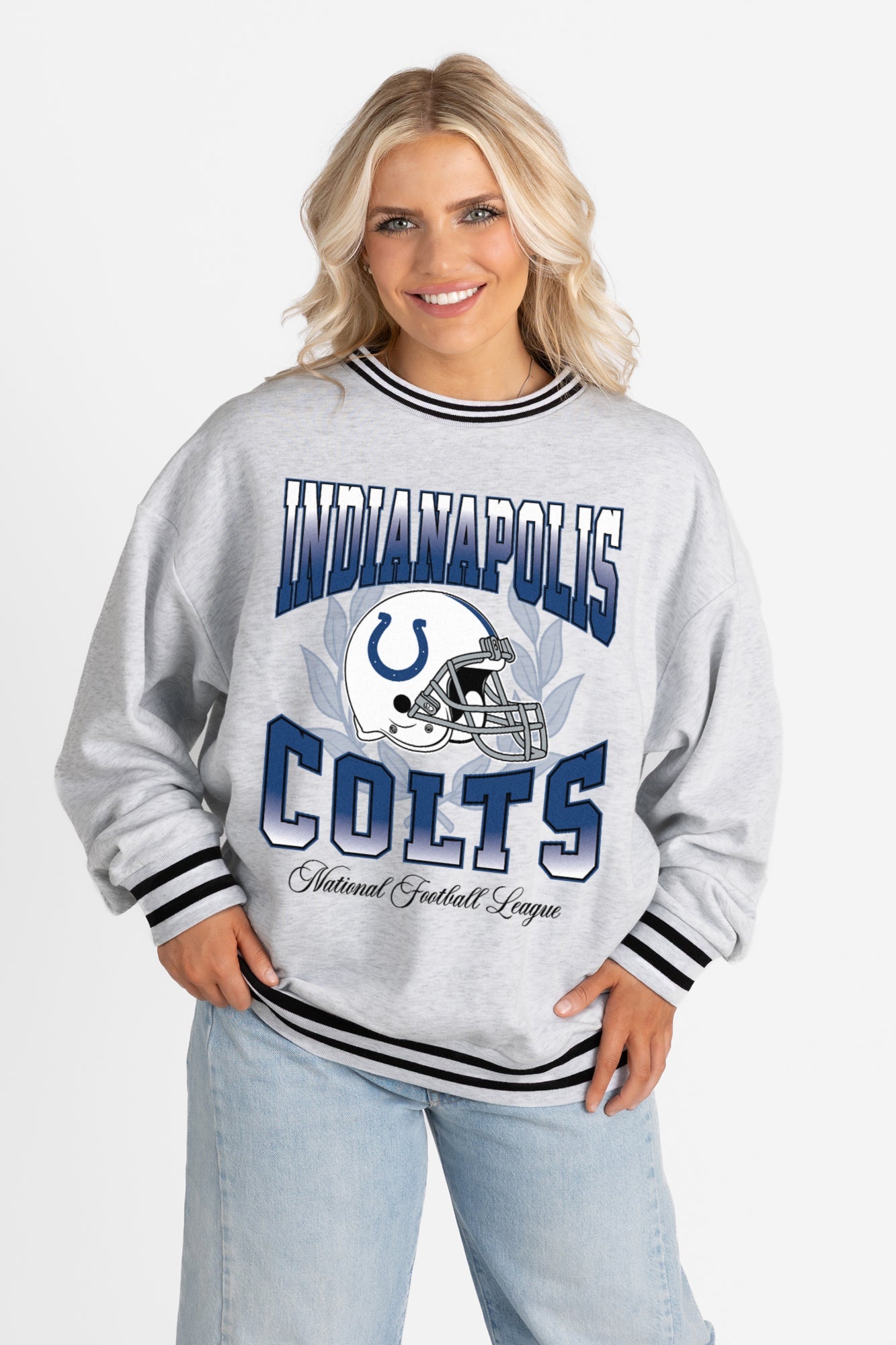 INDIANAPOLIS COLTS FADE ROUTE CREW FLEECE RINGER SWEATSHIRT