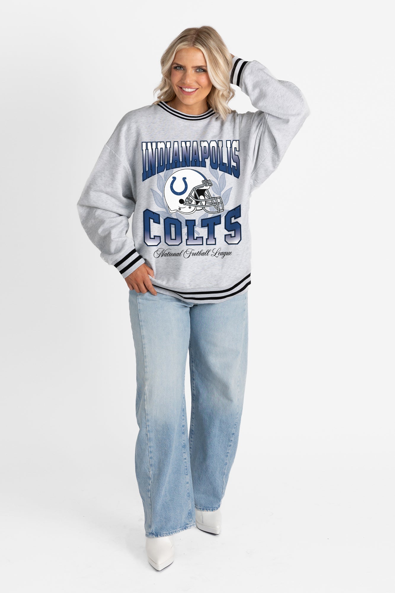 INDIANAPOLIS COLTS FADE ROUTE CREW FLEECE RINGER SWEATSHIRT