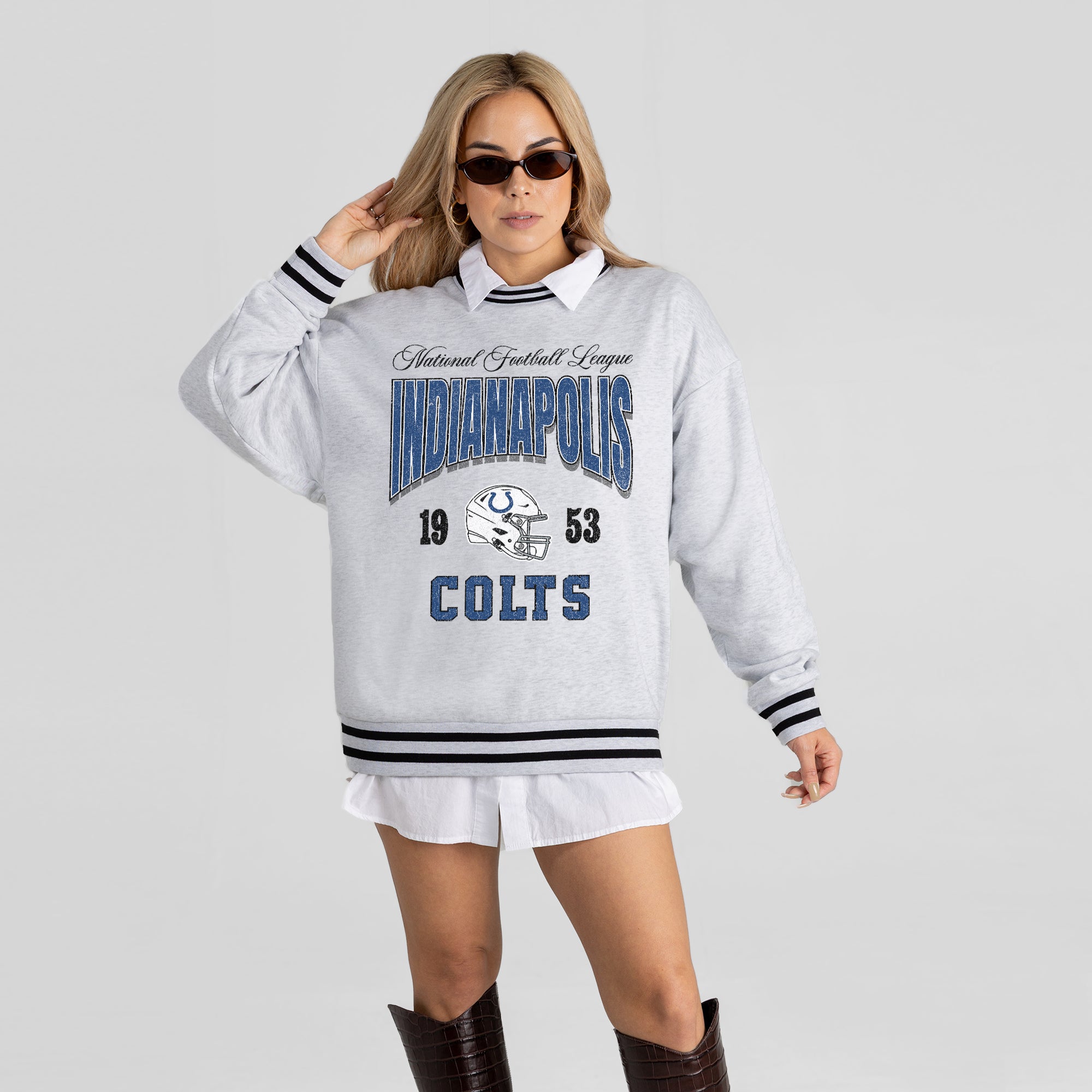 INDIANAPOLIS COLTS COOL VIBES CREW FLEECE RINGER SWEATSHIRT