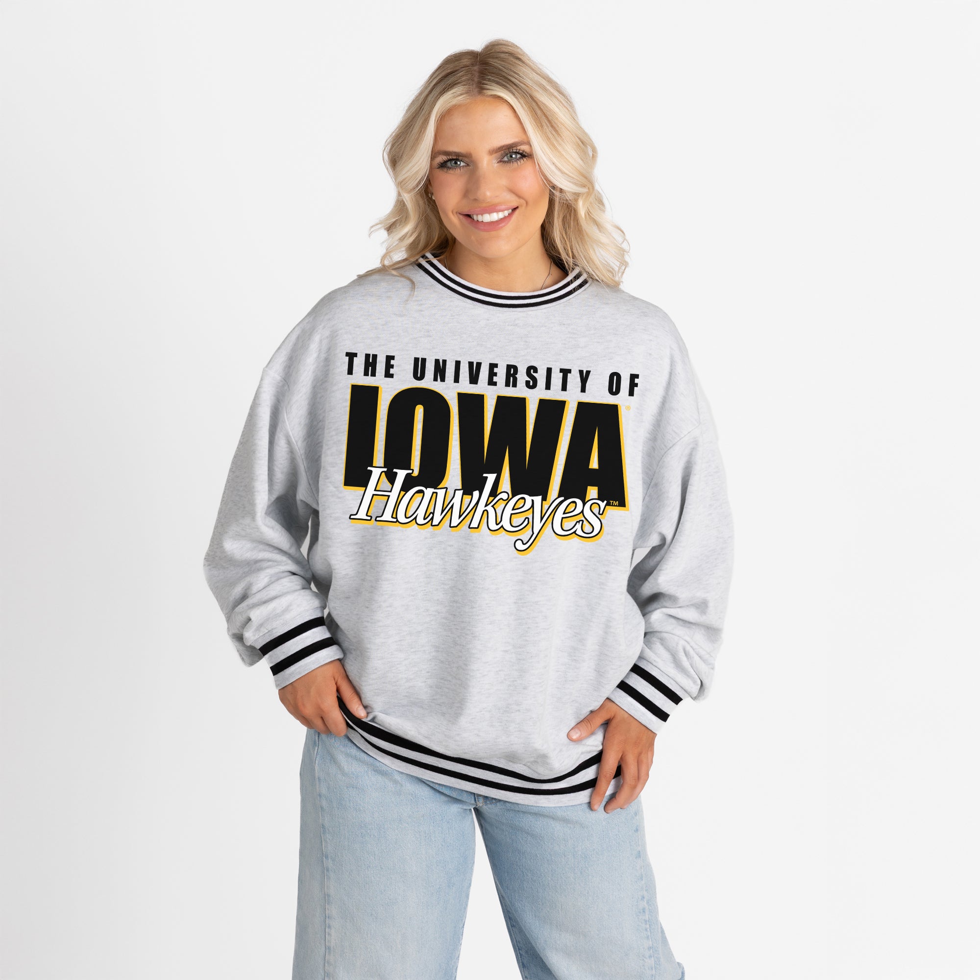 IOWA HAWKEYES SHOWDOWN CREW FLEECE RINGER SWEATSHIRT