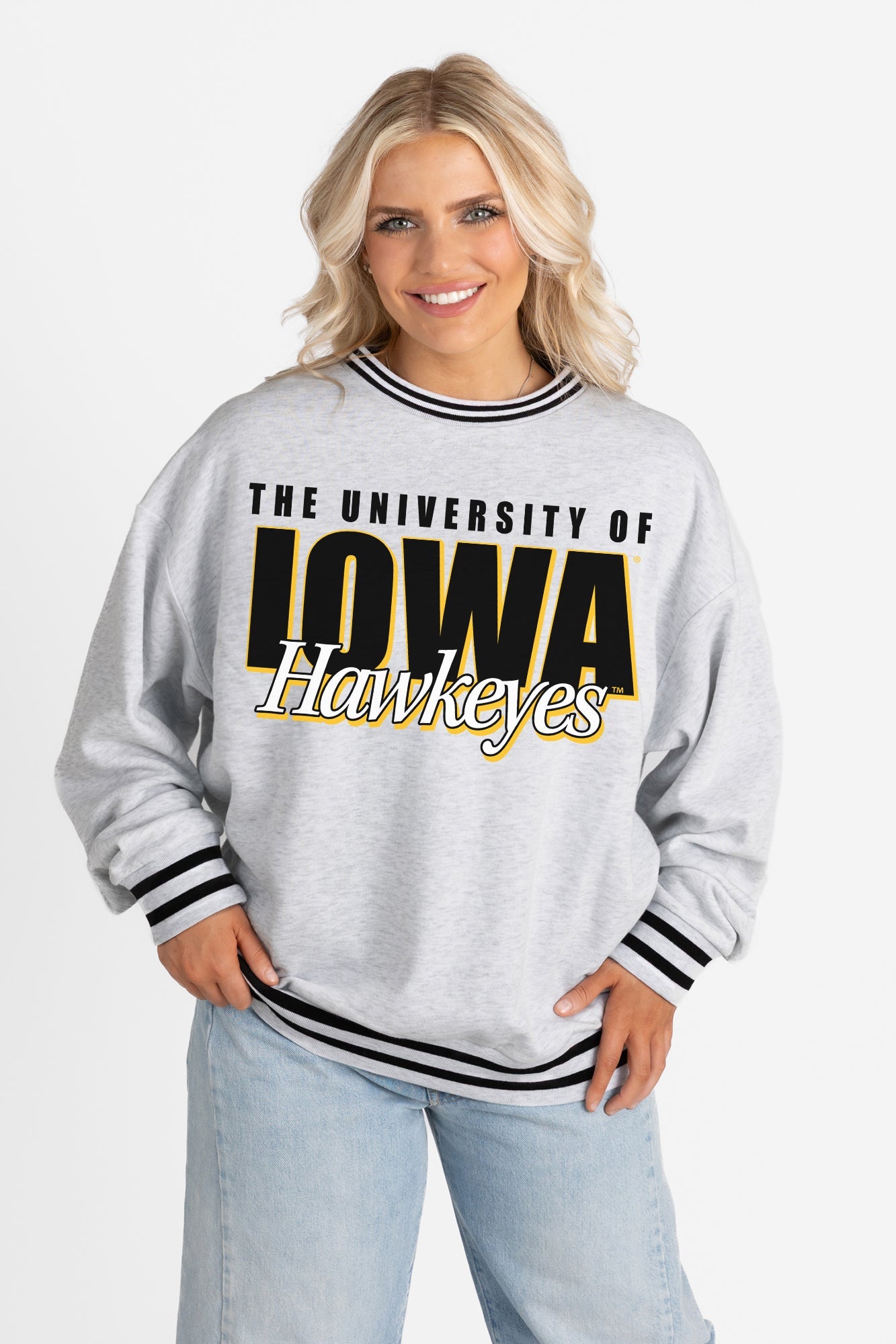 IOWA HAWKEYES SHOWDOWN CREW FLEECE RINGER SWEATSHIRT