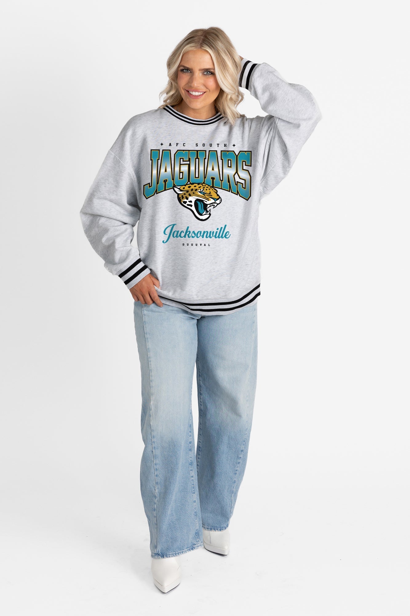 JACKSONVILLE JAGUARS GRIDIRON DRIVE CREW FLEECE RINGER SWEATSHIRT