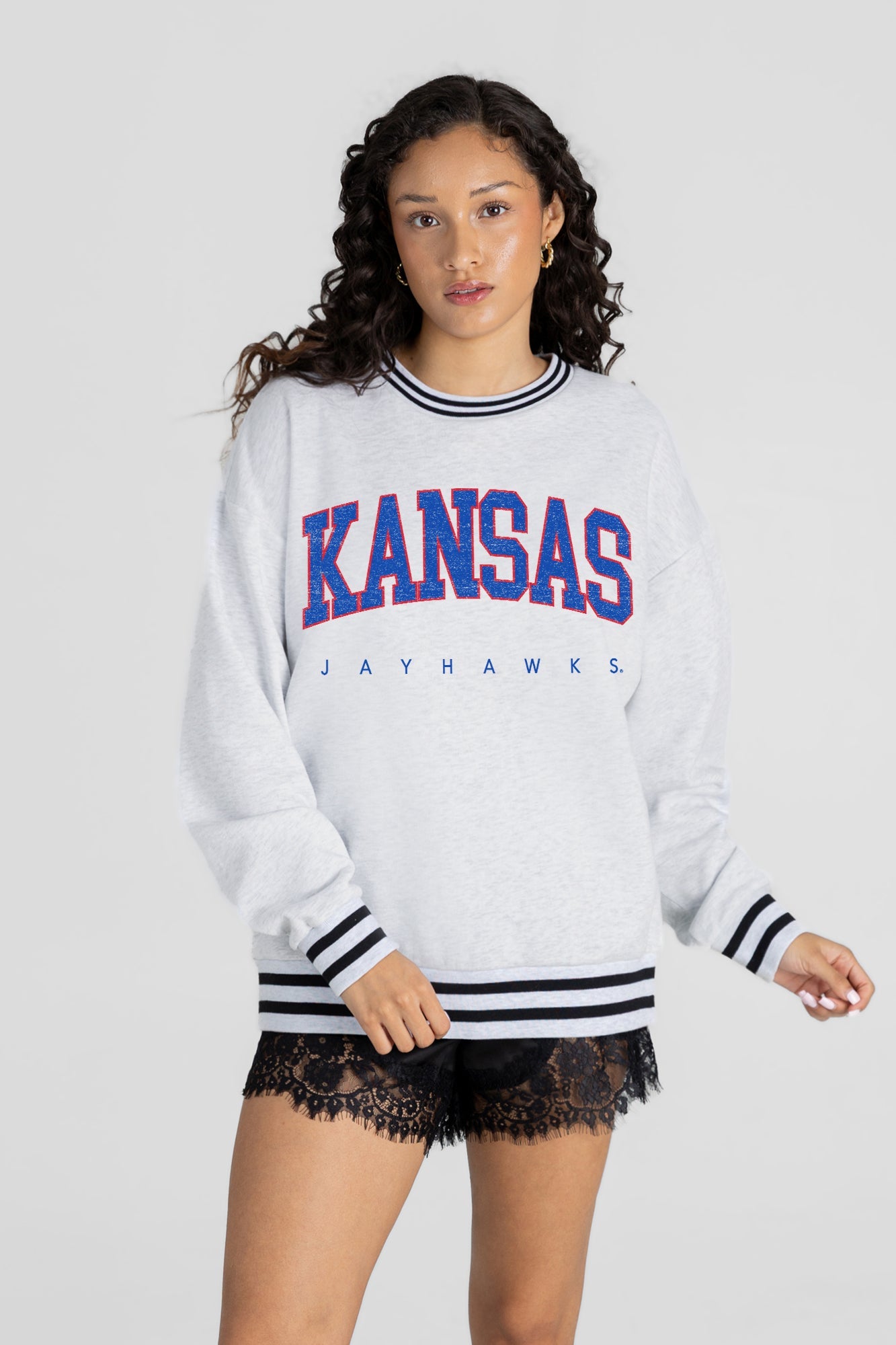 KANSAS JAYHAWKS EASY ENERGY CREW FLEECE RINGER SWEATSHIRT