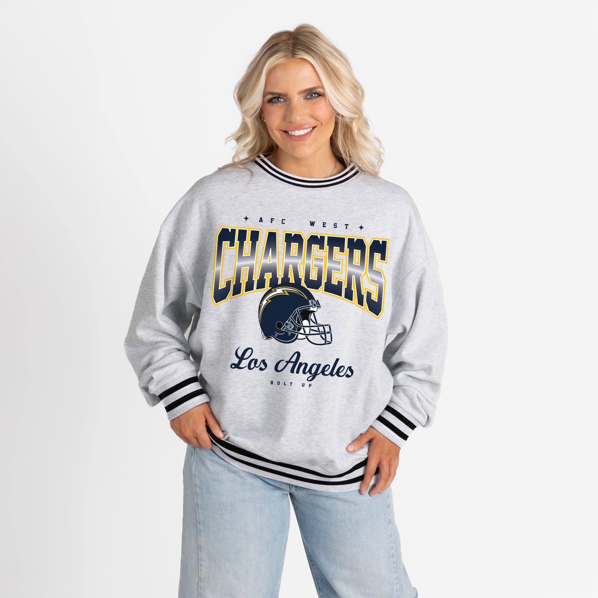 LOS ANGELES CHARGERS GRIDIRON DRIVE CREW FLEECE RINGER SWEATSHIRT