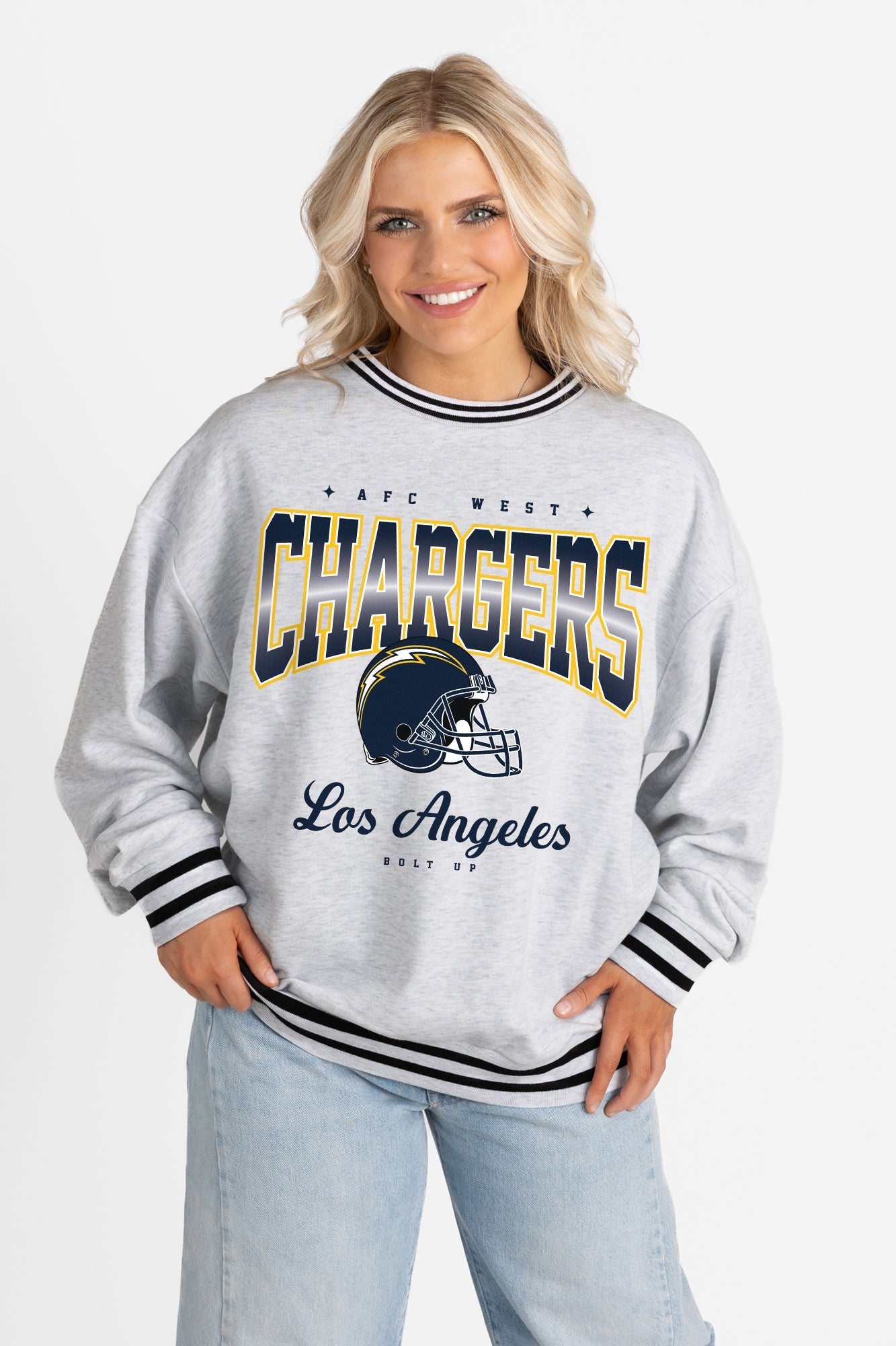 LOS ANGELES CHARGERS GRIDIRON DRIVE CREW FLEECE RINGER SWEATSHIRT
