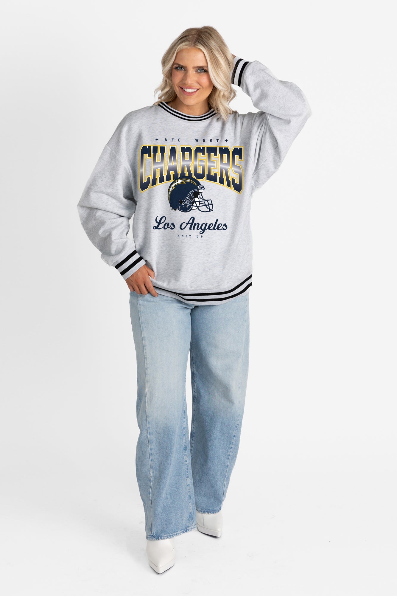 LOS ANGELES CHARGERS GRIDIRON DRIVE CREW FLEECE RINGER SWEATSHIRT