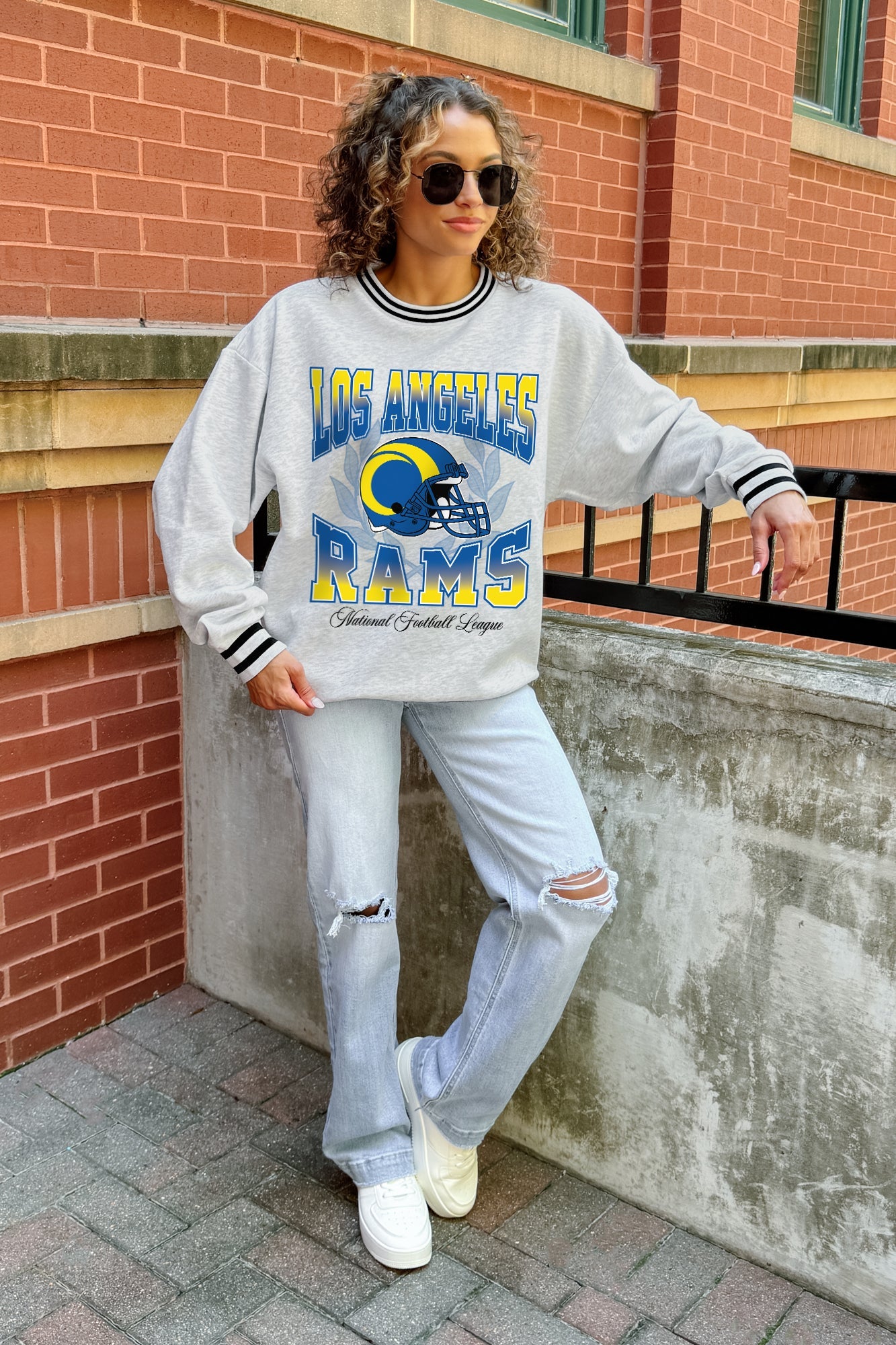 LOS ANGELES RAMS FADE ROUTE CREW FLEECE RINGER SWEATSHIRT