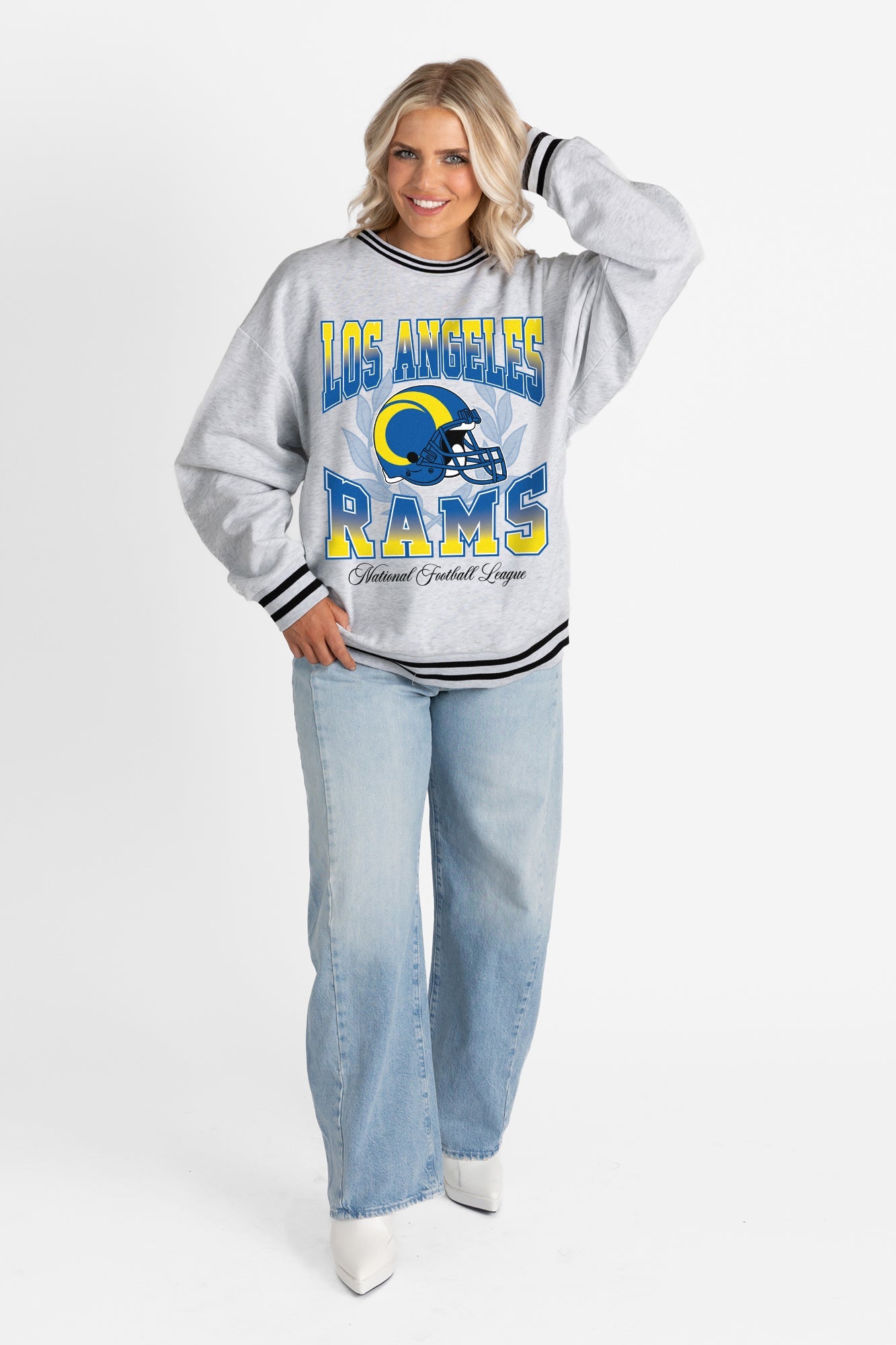 LOS ANGELES RAMS FADE ROUTE CREW FLEECE RINGER SWEATSHIRT