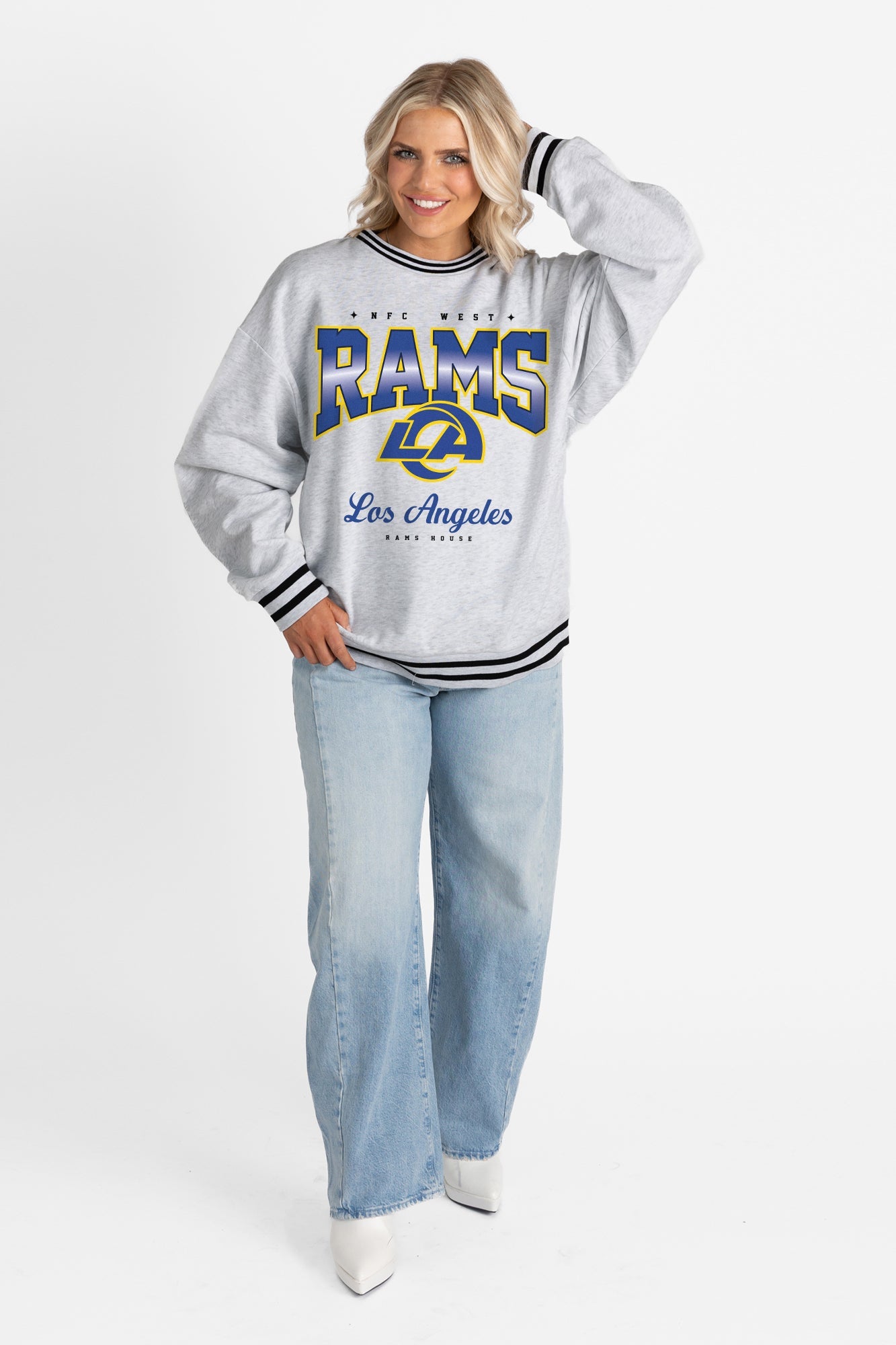 LOS ANGELES RAMS GRIDIRON DRIVE CREW FLEECE RINGER SWEATSHIRT