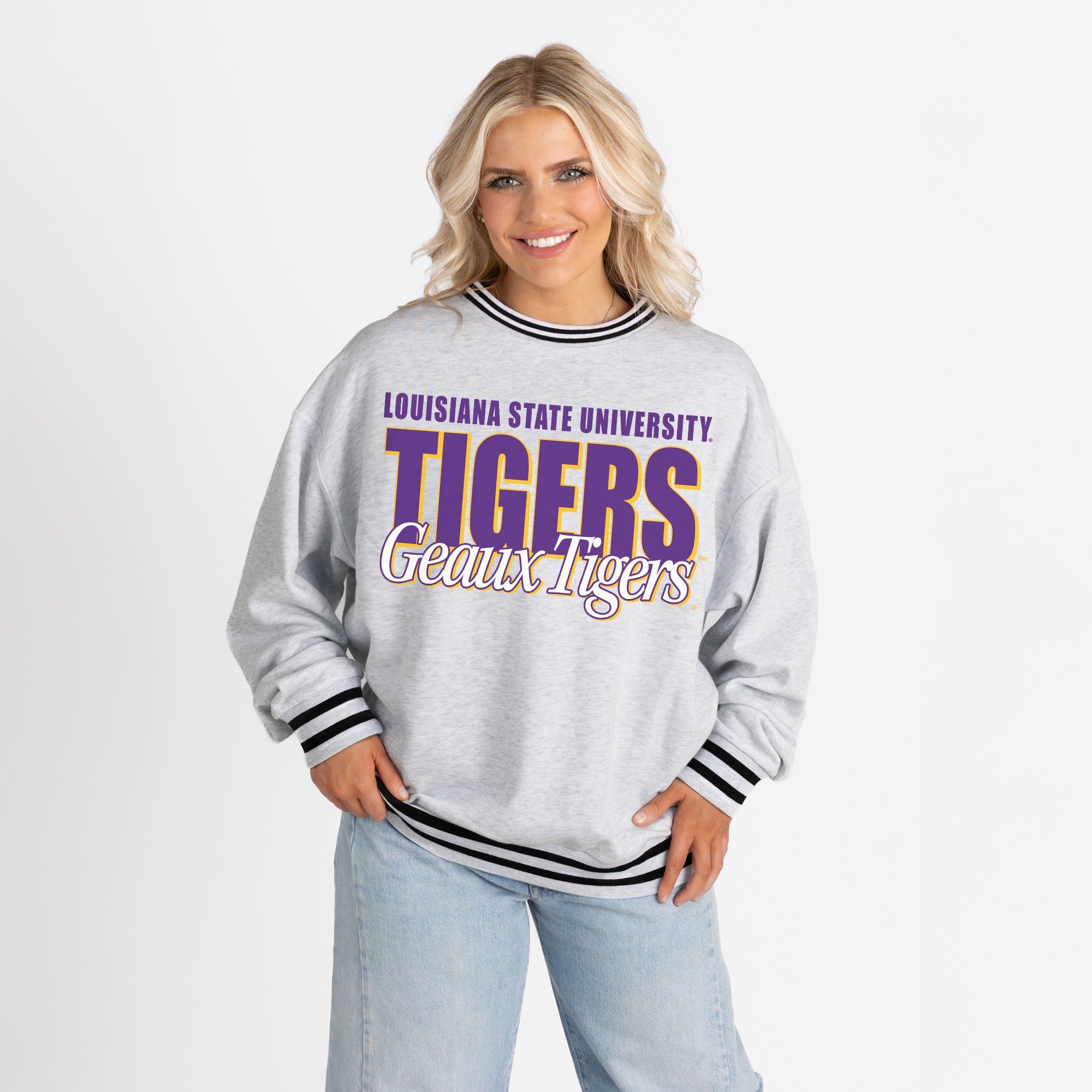 LSU TIGERS SHOWDOWN CREW FLEECE RINGER SWEATSHIRT