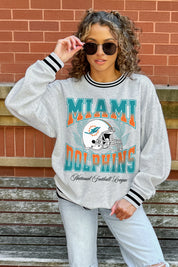 MIAMI DOLPHINS FADE ROUTE CREW FLEECE RINGER SWEATSHIRT