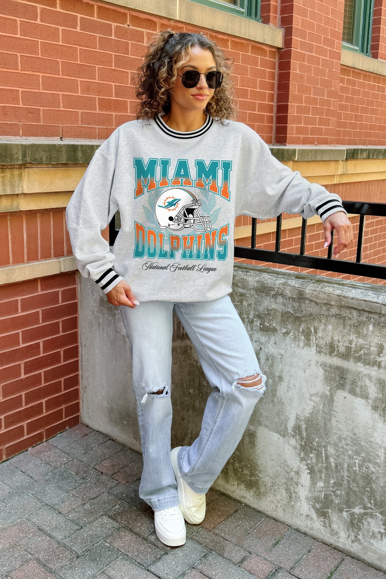 MIAMI DOLPHINS FADE ROUTE CREW FLEECE RINGER SWEATSHIRT