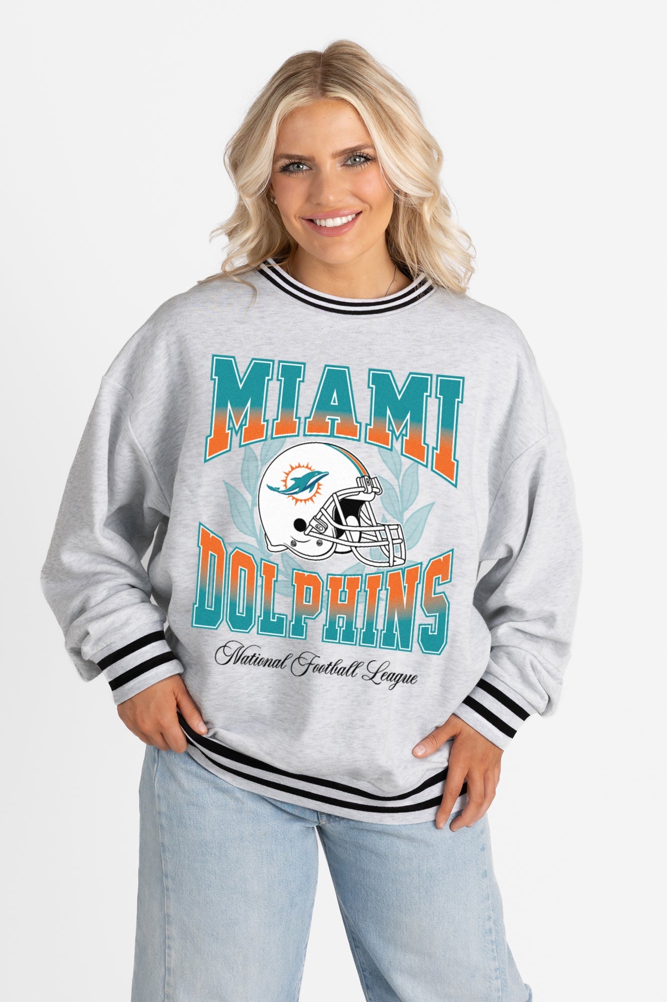 MIAMI DOLPHINS FADE ROUTE CREW FLEECE RINGER SWEATSHIRT