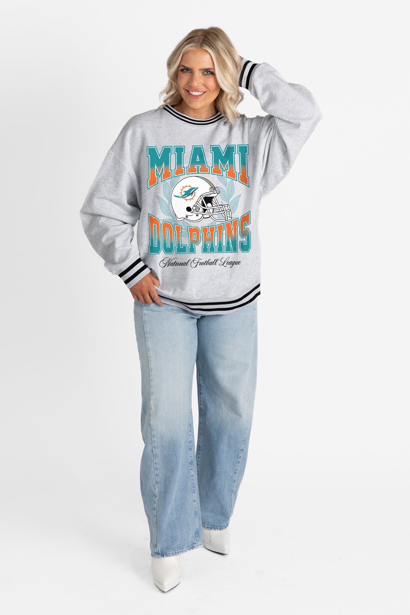 MIAMI DOLPHINS FADE ROUTE CREW FLEECE RINGER SWEATSHIRT