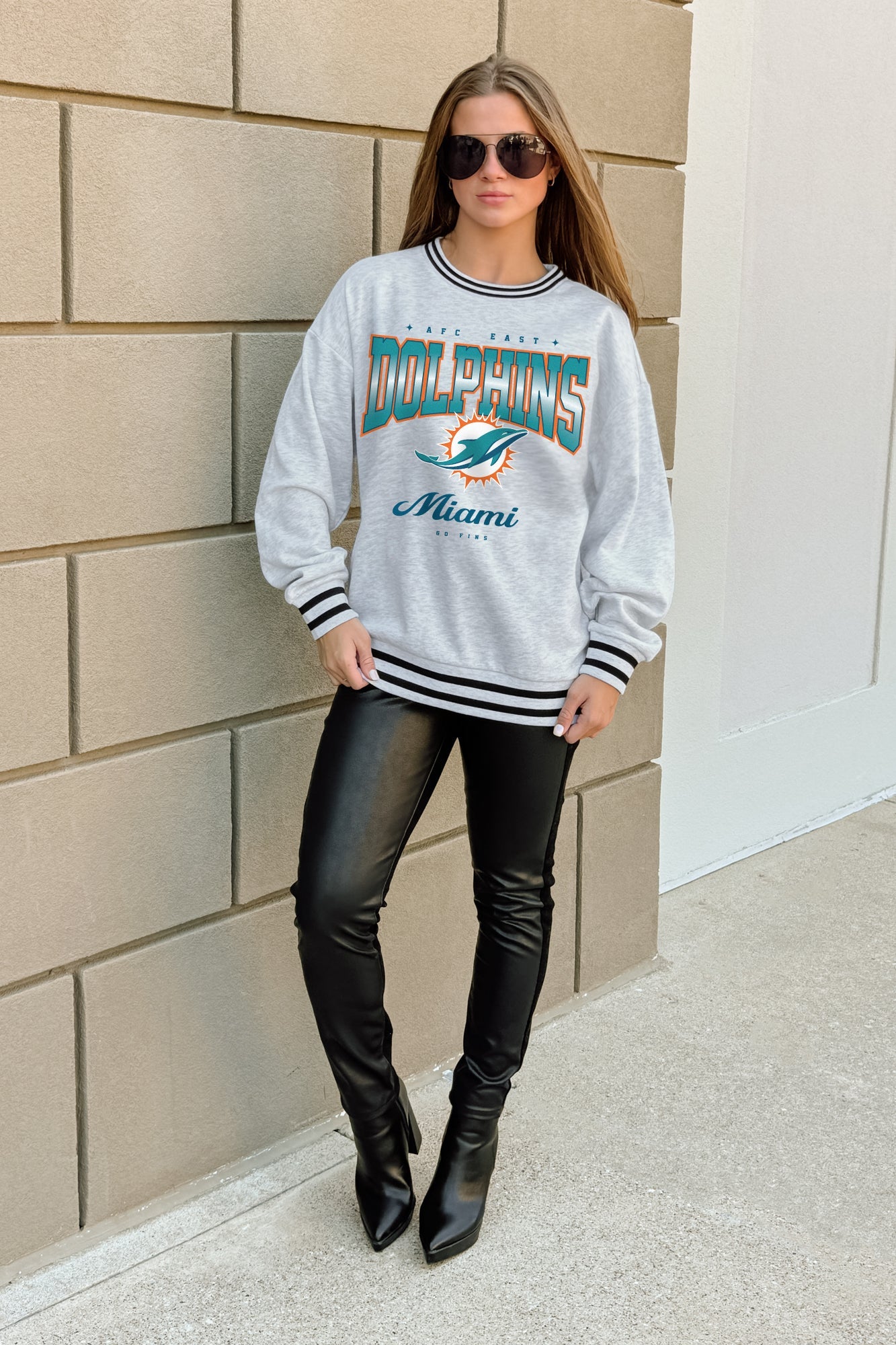 MIAMI DOLPHINS GRIDIRON DRIVE CREW FLEECE RINGER SWEATSHIRT