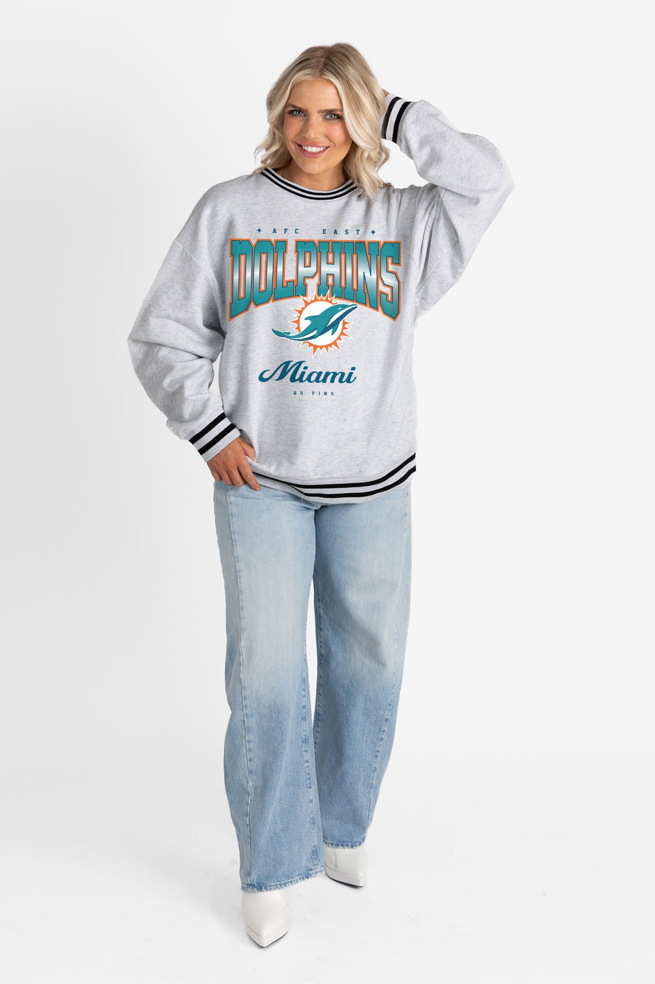 MIAMI DOLPHINS GRIDIRON DRIVE CREW FLEECE RINGER SWEATSHIRT