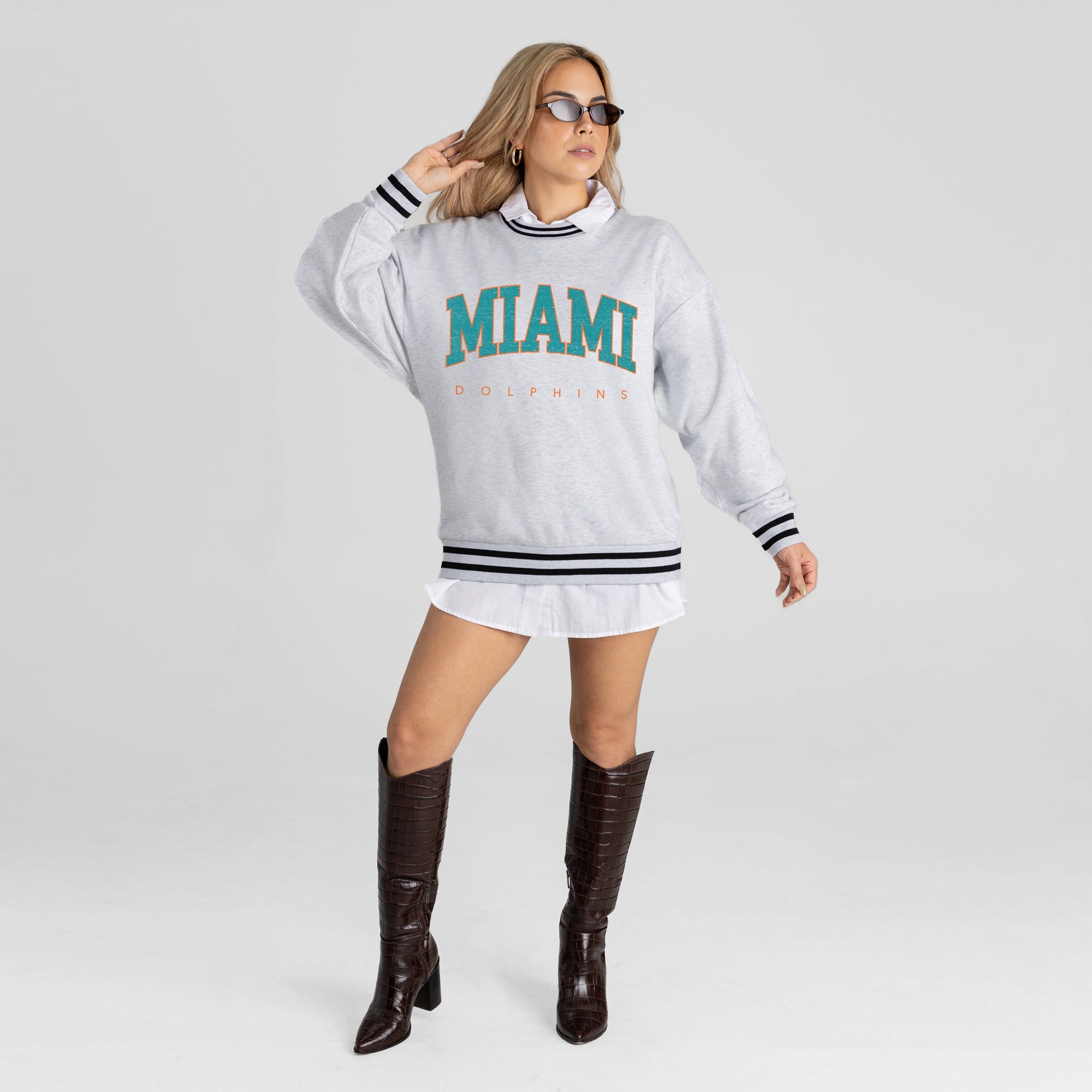 MIAMI DOLPHINS EASY ENERGY CREW FLEECE RINGER SWEATSHIRT
