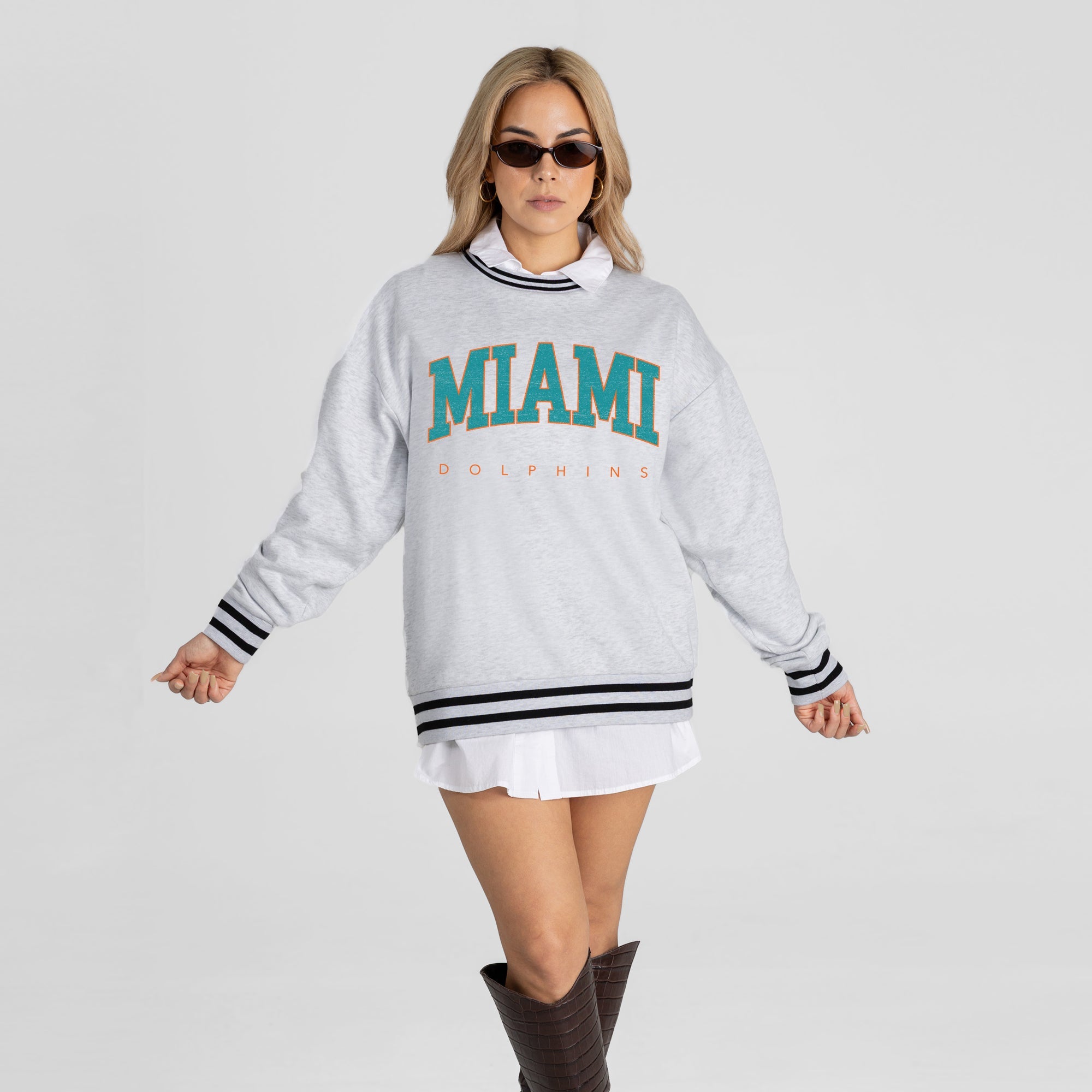 MIAMI DOLPHINS EASY ENERGY CREW FLEECE RINGER SWEATSHIRT