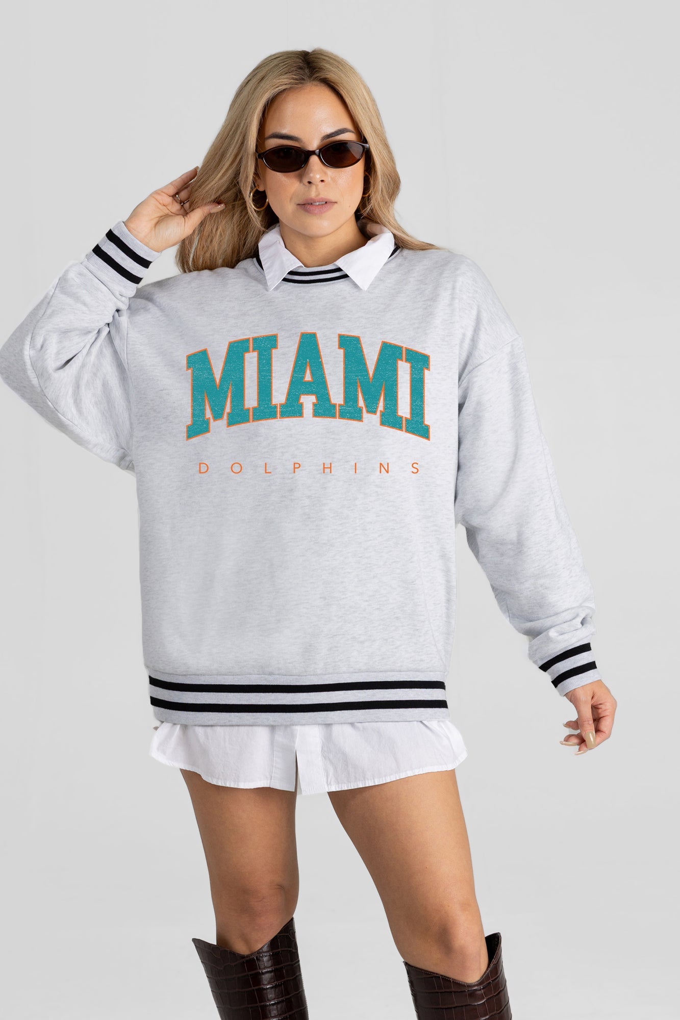 MIAMI DOLPHINS EASY ENERGY CREW FLEECE RINGER SWEATSHIRT