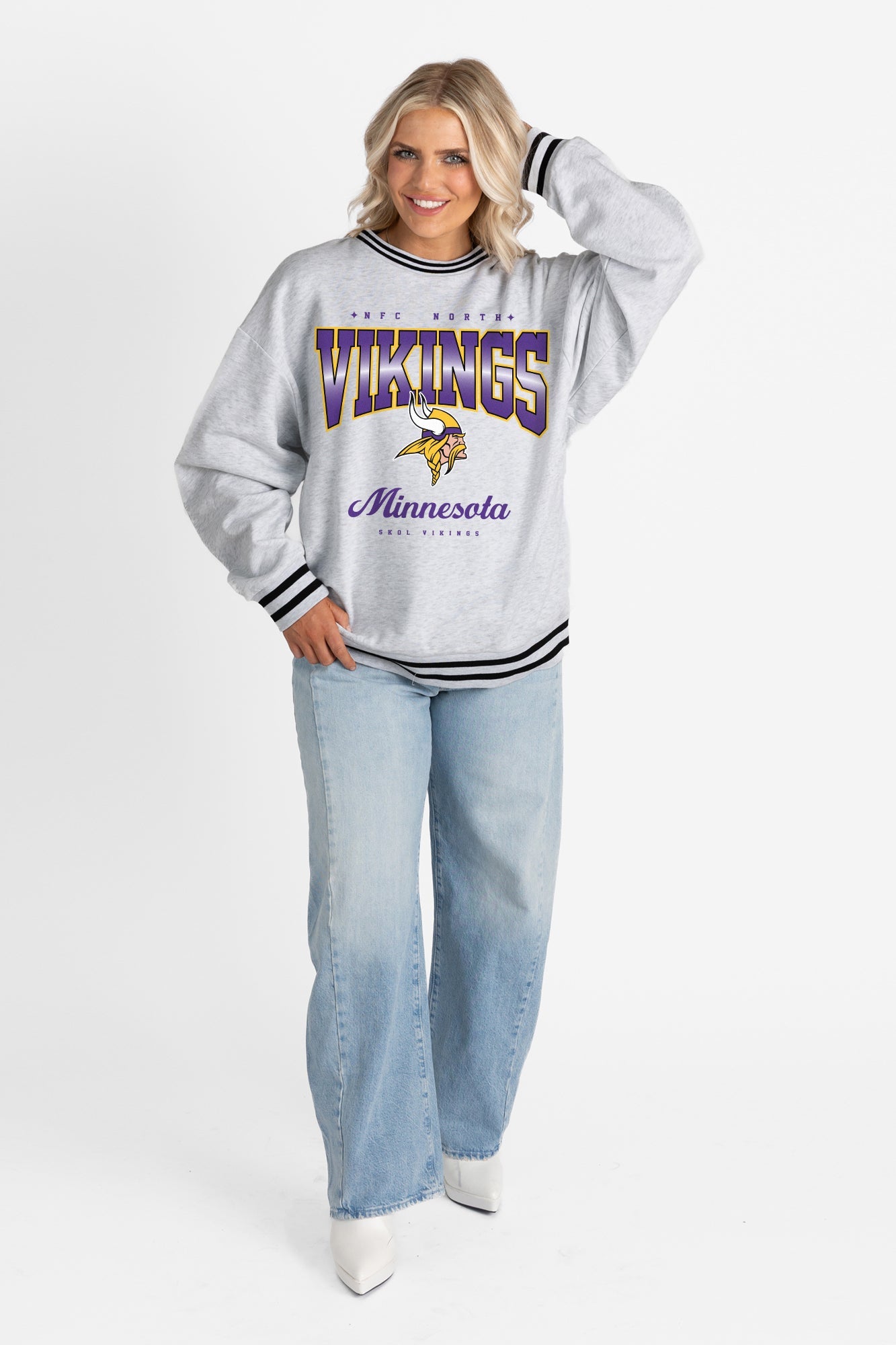 MINNESOTA VIKINGS GRIDIRON DRIVE CREW FLEECE RINGER SWEATSHIRT
