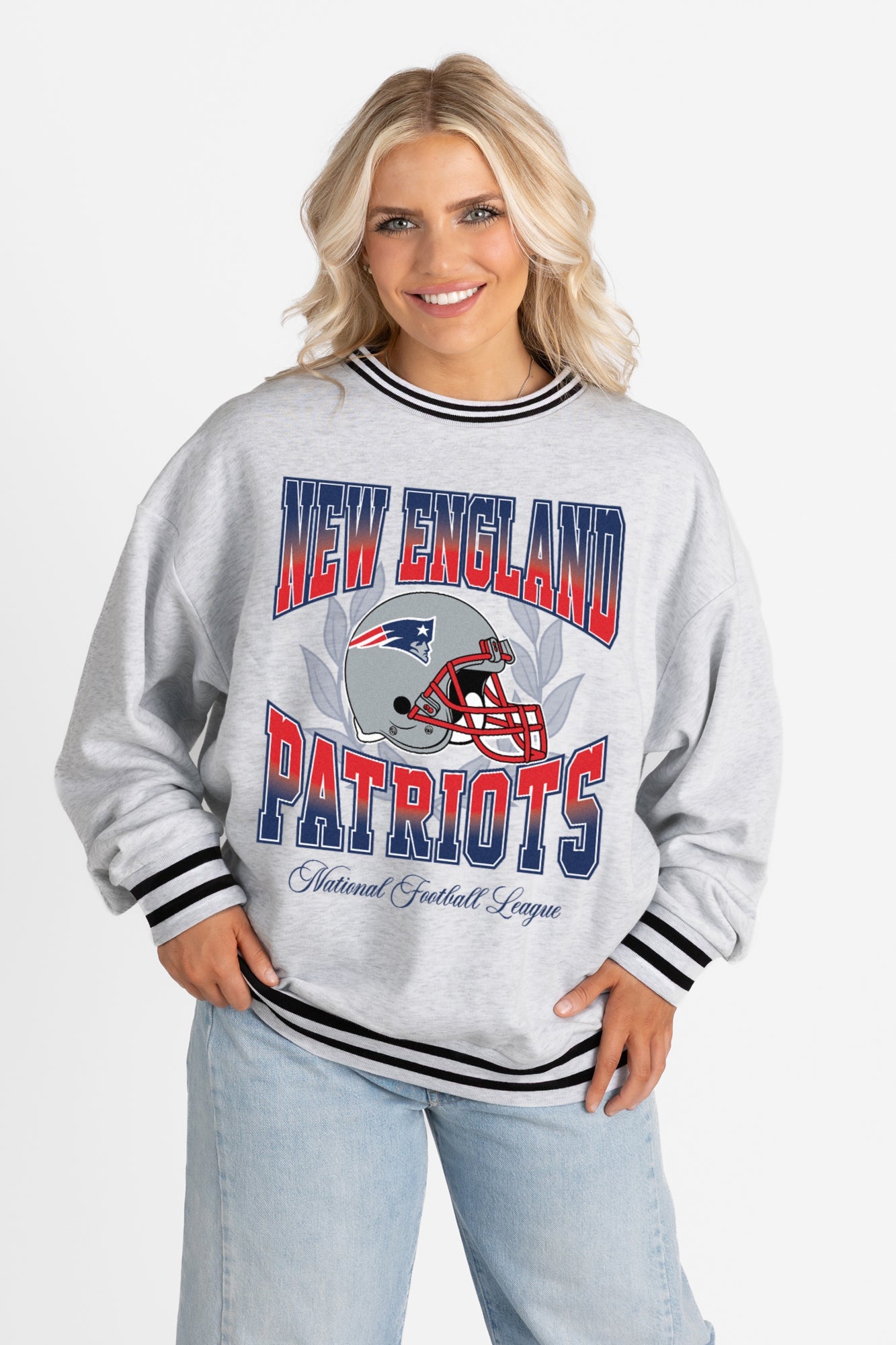 NEW ENGLAND PATRIOTS FADE ROUTE CREW FLEECE RINGER SWEATSHIRT