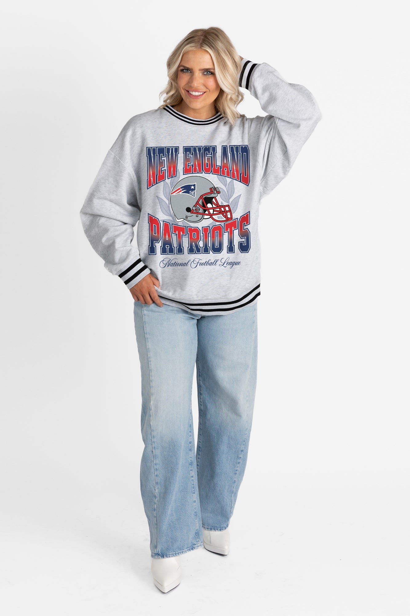 NEW ENGLAND PATRIOTS FADE ROUTE CREW FLEECE RINGER SWEATSHIRT