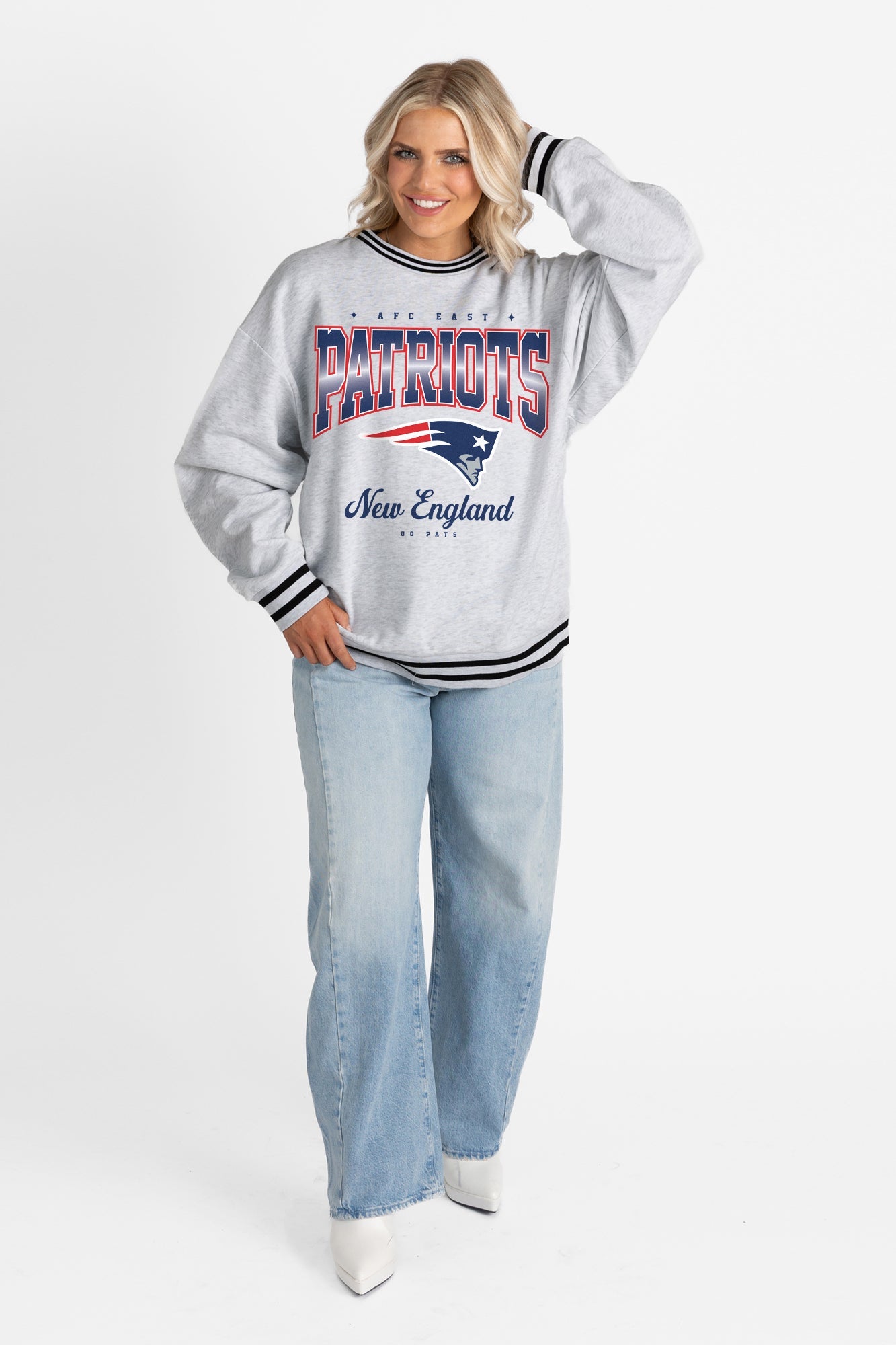 NEW ENGLAND PATRIOTS GRIDIRON DRIVE CREW FLEECE RINGER SWEATSHIRT