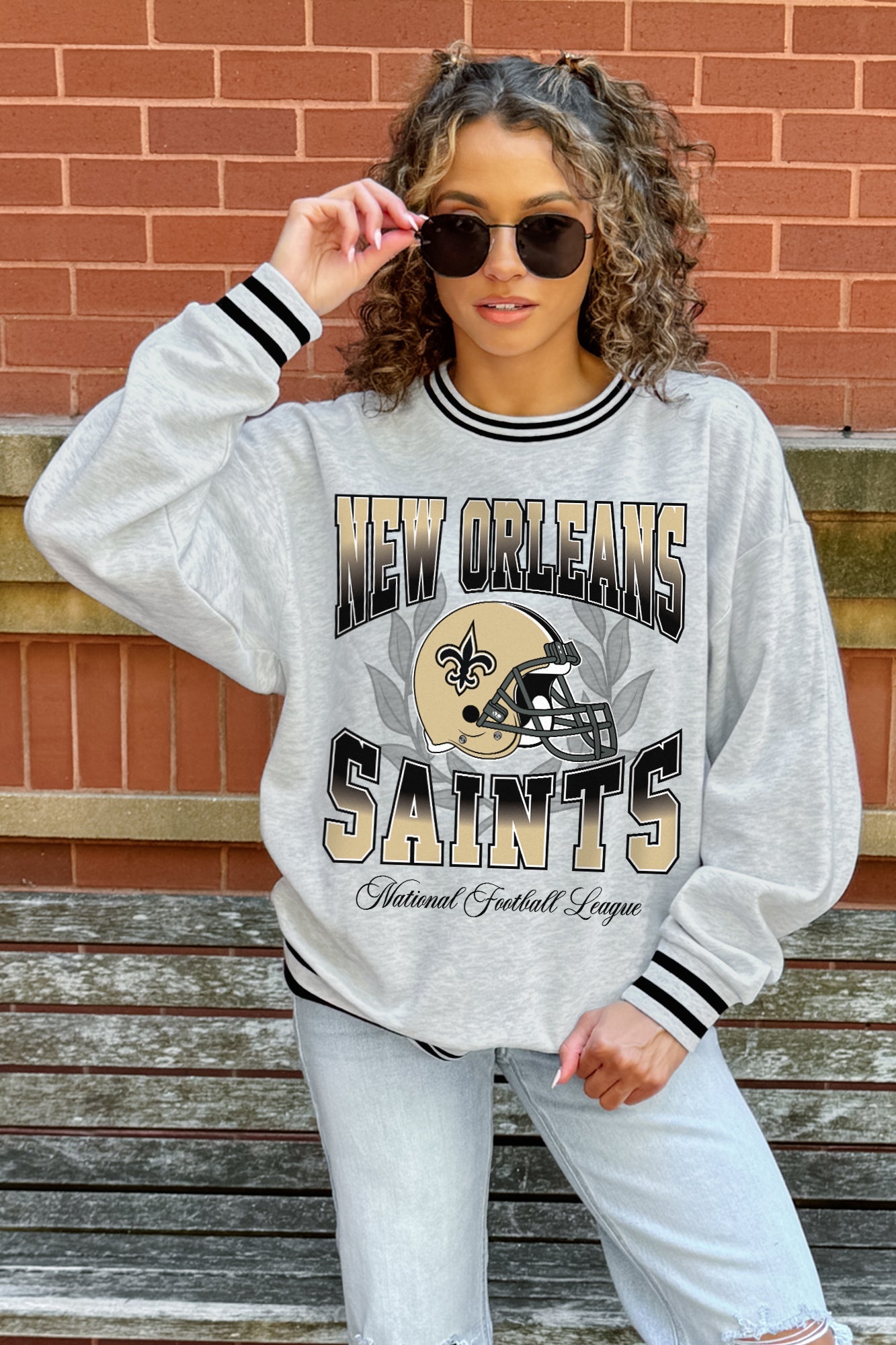 NEW ORLEANS SAINTS FADE ROUTE CREW FLEECE RINGER SWEATSHIRT